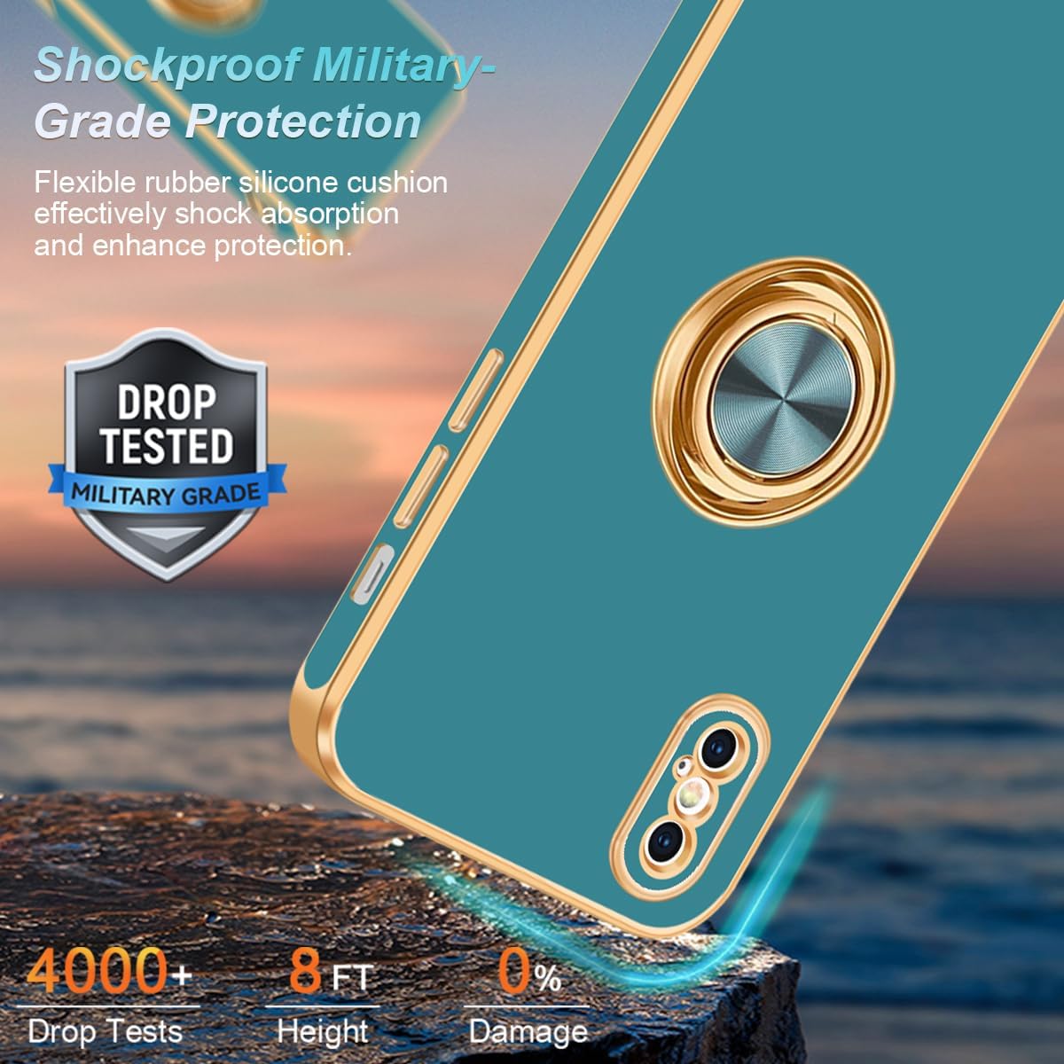 Fingic Funda para iPhone X, iPhone XS con soporte de anillo de 360 Soporte magnético giratorio con borde dorado brillante, delgada, suave TPU a