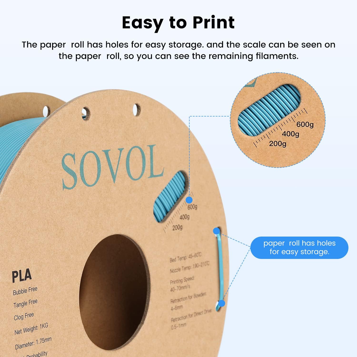 Sovol Filamento PLA para impresora 3D, materiales de impresión de carrete de 4.4 lbs (4.4 libras), estanqueidad del cableado, precisión dimensional