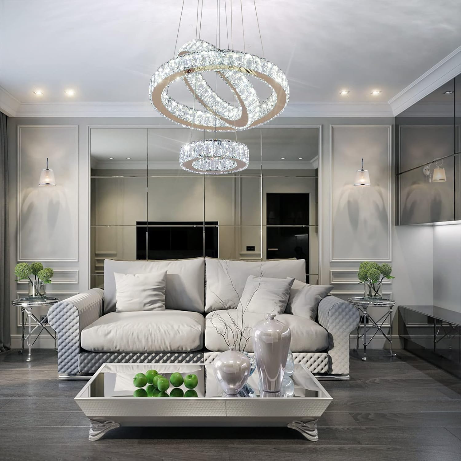 Candelabro moderno de 3 anillos de oro con lámpara colgante LED de cristal para comedor, dormitorio, sala de estar, vestíbulo (blanco frío)