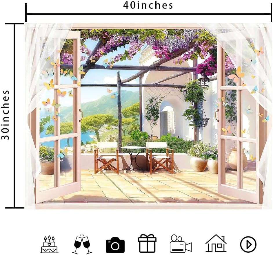 Ine Ive Tapiz de jardín de balcón con vistas al mar y montaña, tapiz de ventana de escena de 40 x 30 pulgadas, tapiz de pared de paisaje natural