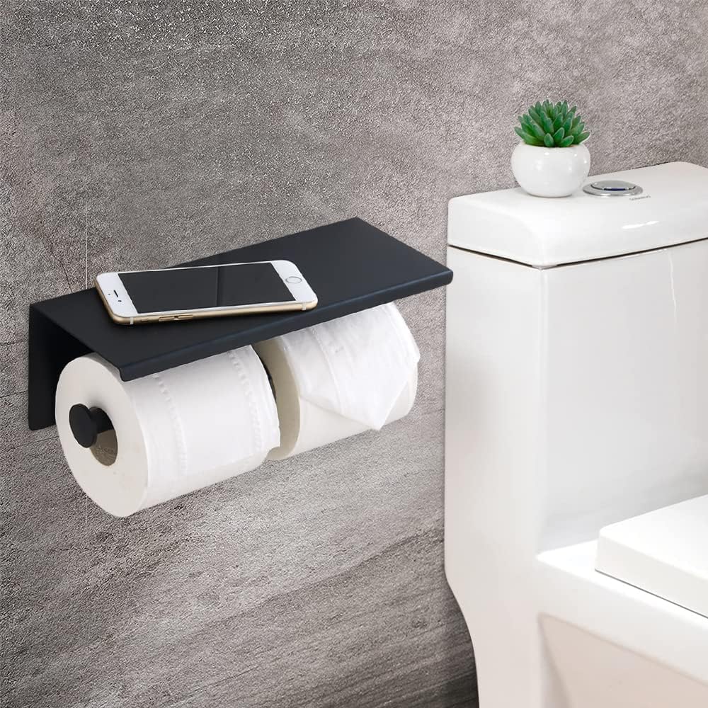 SUNTAI Soporte doble para papel higiénico con estante para teléfono, soporte moderno de acero inoxidable 304 para papel higiénico montado en la