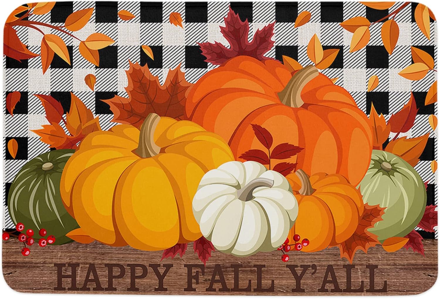 Alfombra de baño de otoño, alfombra de baño de otoño naranja a cuadros, tapete de esponja, tapete de baño de hoja de arce, calabaza, camión,