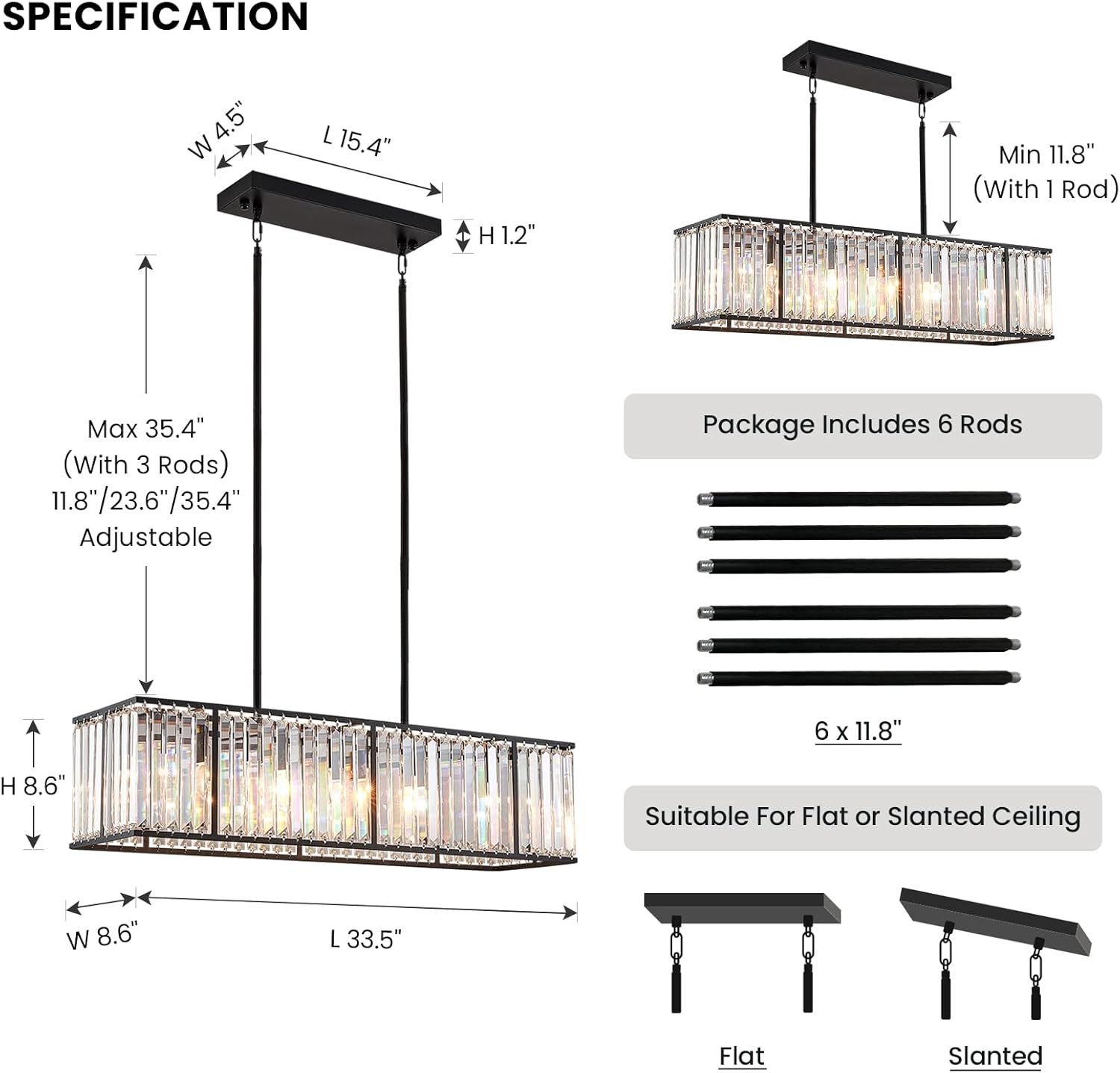 Siljoy Candelabro rectangular moderno de cristal, 5 luces, color negro, rectangular, con forma de gota de lluvia, lámpara de techo colgante lineal