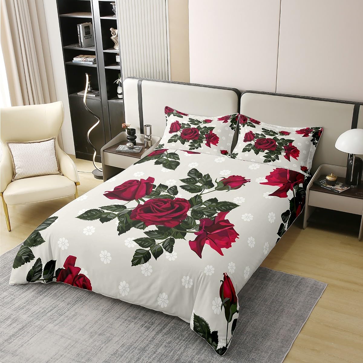 Erosebridal Funda de edredón romántica de 100 % algodón, diseño de rosas rojas con pintura al óleo, para niñas, mujeres, parejas, funda de edredón