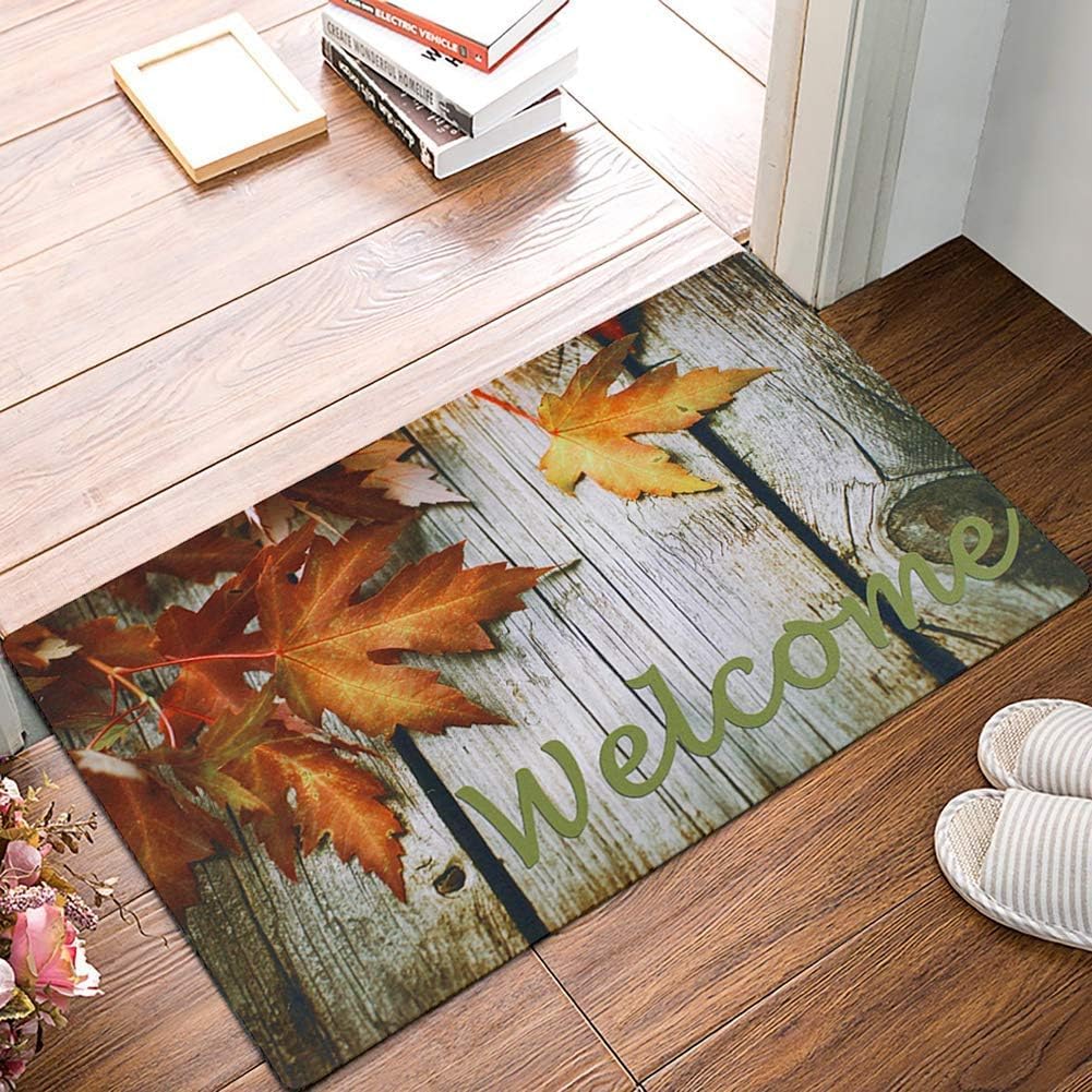 Linfevisi Tapete de bienvenida de otoño para interiores y exteriores, con hojas de arce, tapete de goma con estampado de temporada, absorbente para
