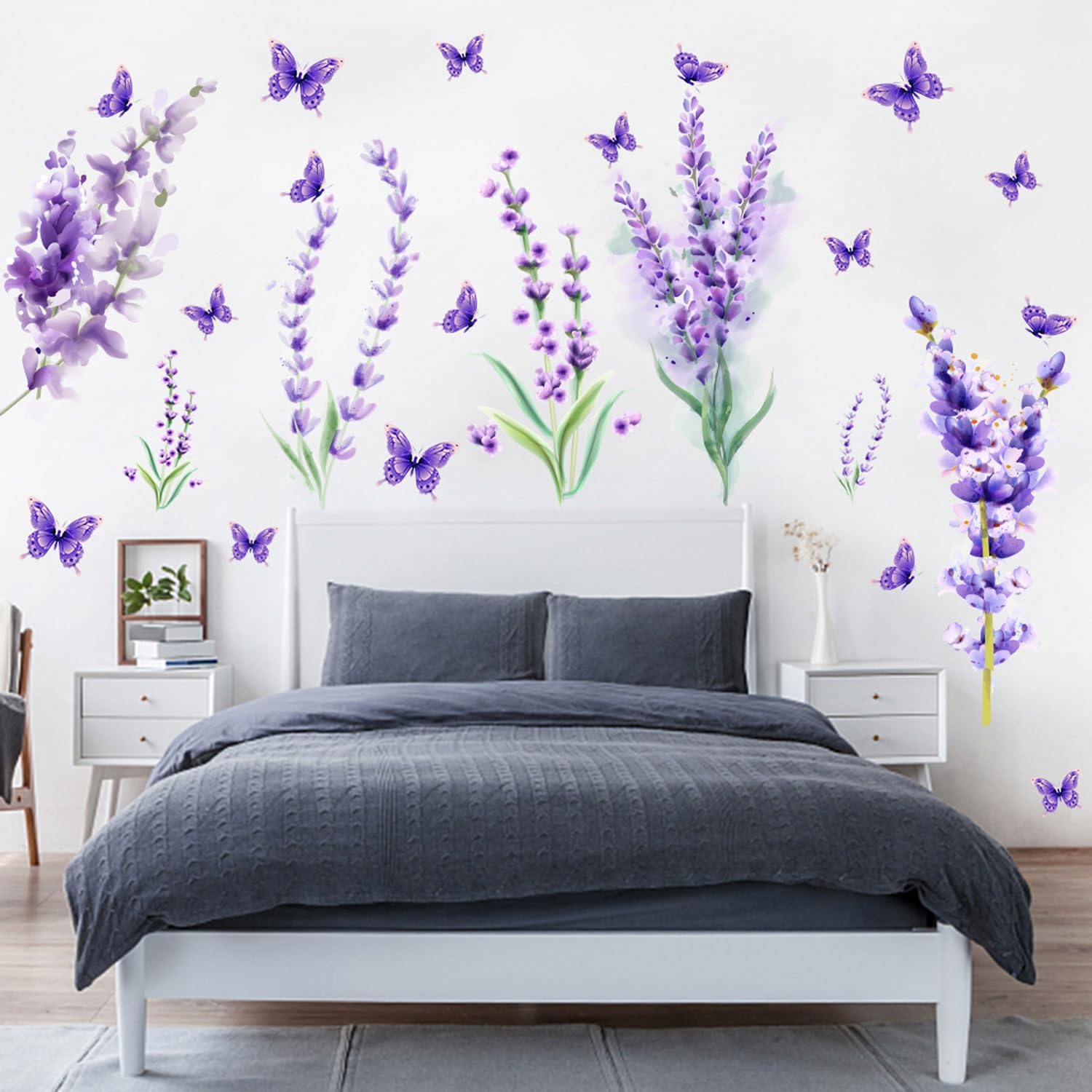 Payutou 2 hojas de calcomanías de pared de lavanda morada, flores, mariposas, bricolaje, acuarela, removibles, arte de pared para niños, niñas,