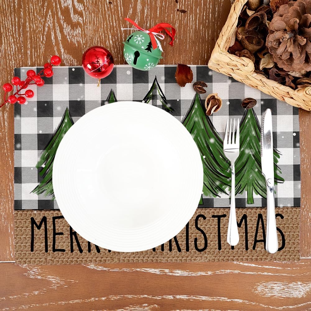 ARKENY AP467-18 – Juego de 4 manteles individuales de Feliz Navidad de 12 x 18 pulgadas, diseño de copo de nieve de árbol de invierno, arpillera de