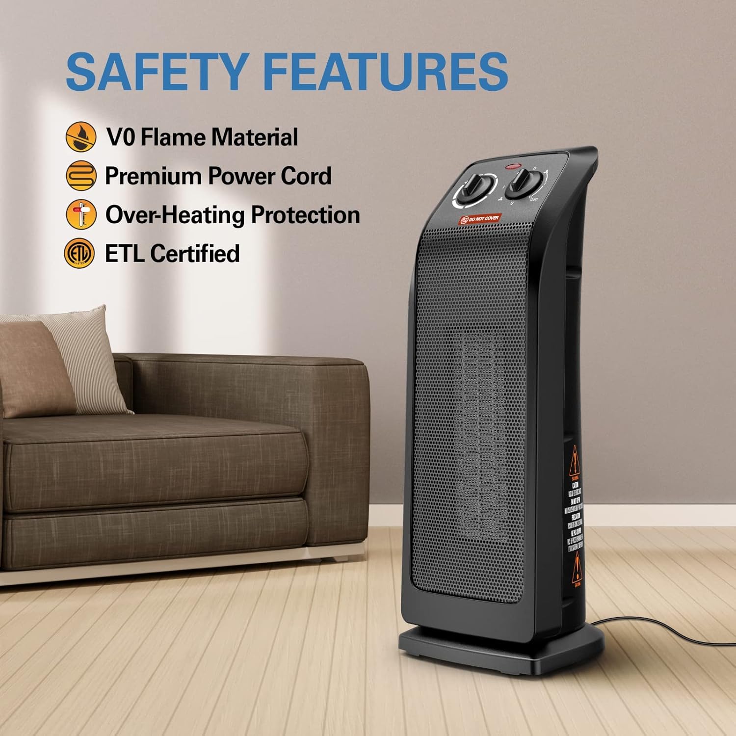 ECOWELL Calentador eléctrico de cerámica de calentamiento rápido de 1500 W con termostato, calentador de torre de 18 pulgadas para uso en