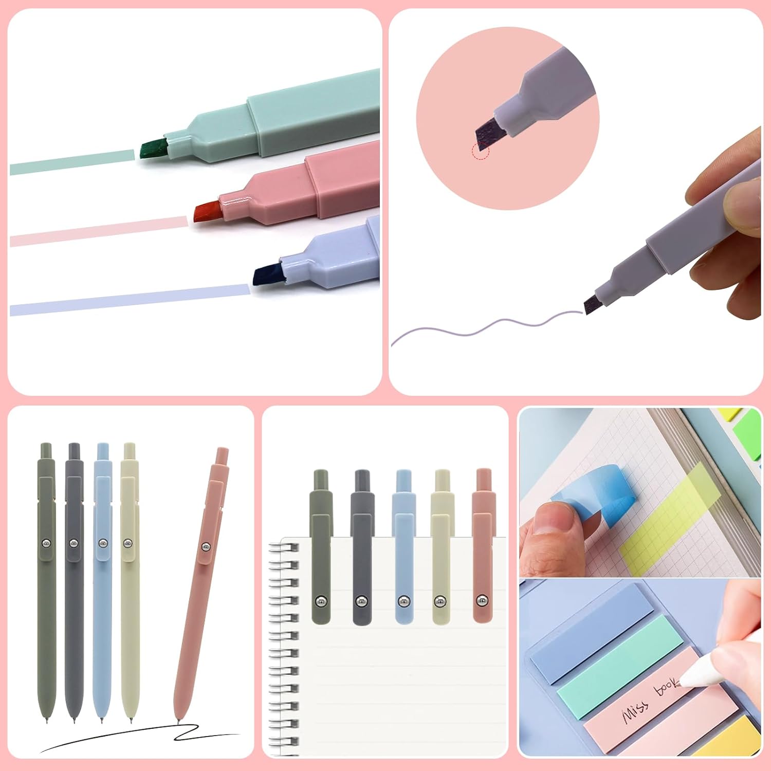 Juego de 20 bolígrafos estéticos de gran capacidad, 5 bolígrafos retráctiles de tinta negra, 12 colores, punta de cincel, 200 hojas, pestañas