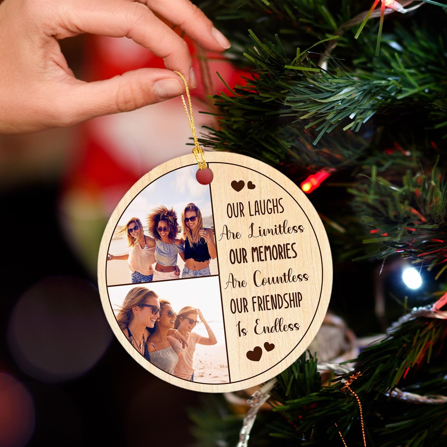 Adorno personalizado de Navidad con texto en inglés “Best Friends Forever”, Our Laughs are Limitless Our Memories are Countless Our Friendship is