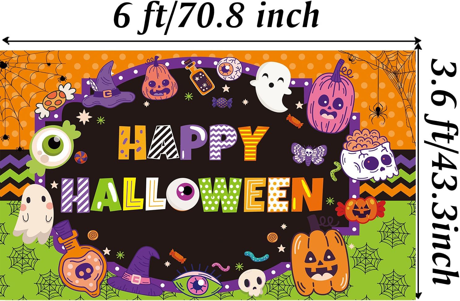 Masxkle Fondo de Halloween con texto en inglés “Trick or Treat”, calabaza, fantasma, sombrero mágico, calavera, fondo de fotografía, caricatura,