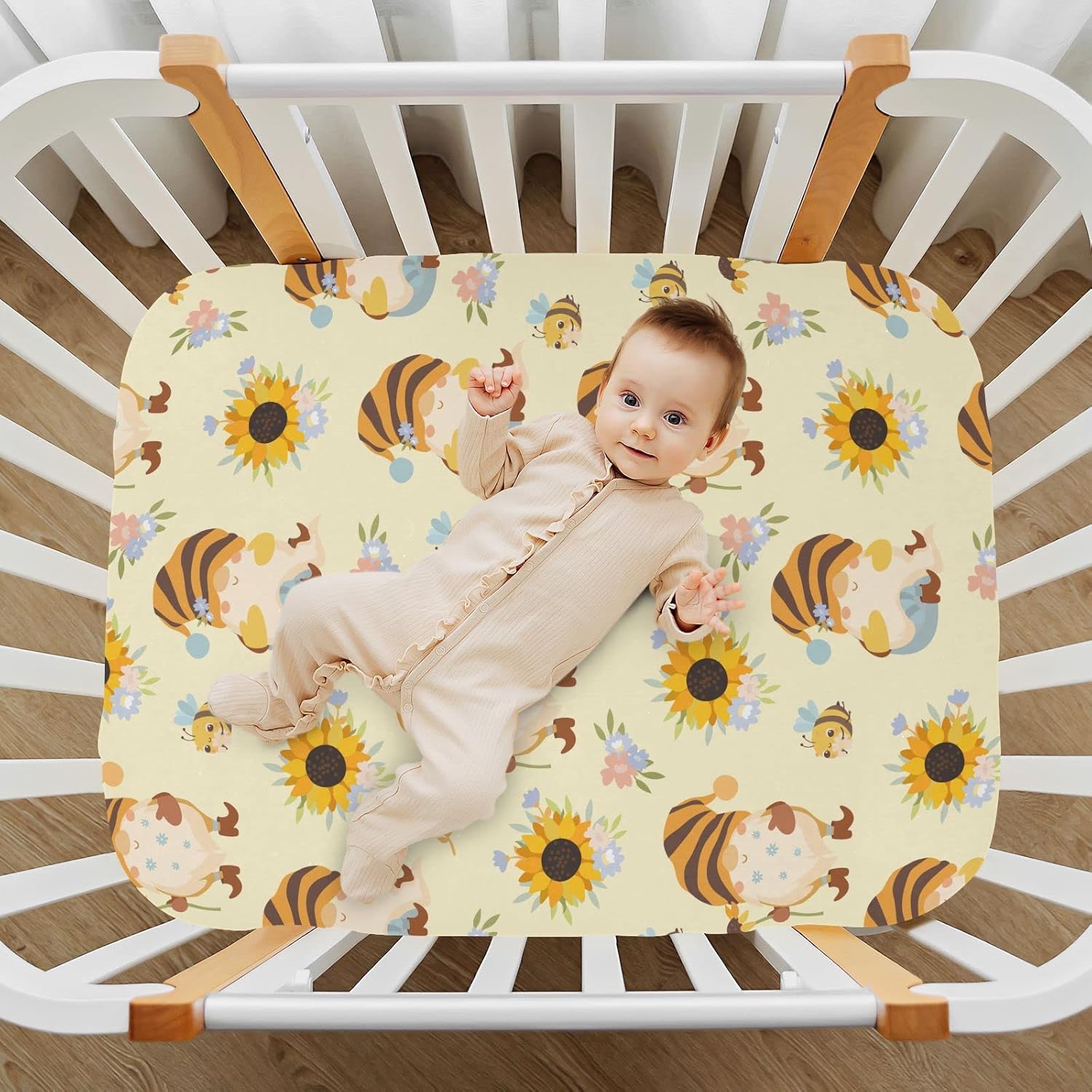 Sábanas bajeras ajustables para cuna, lindos gnomos, abejas, sábanas portátiles y elásticas para bebé niño, colchón de mini cuna transpirable y