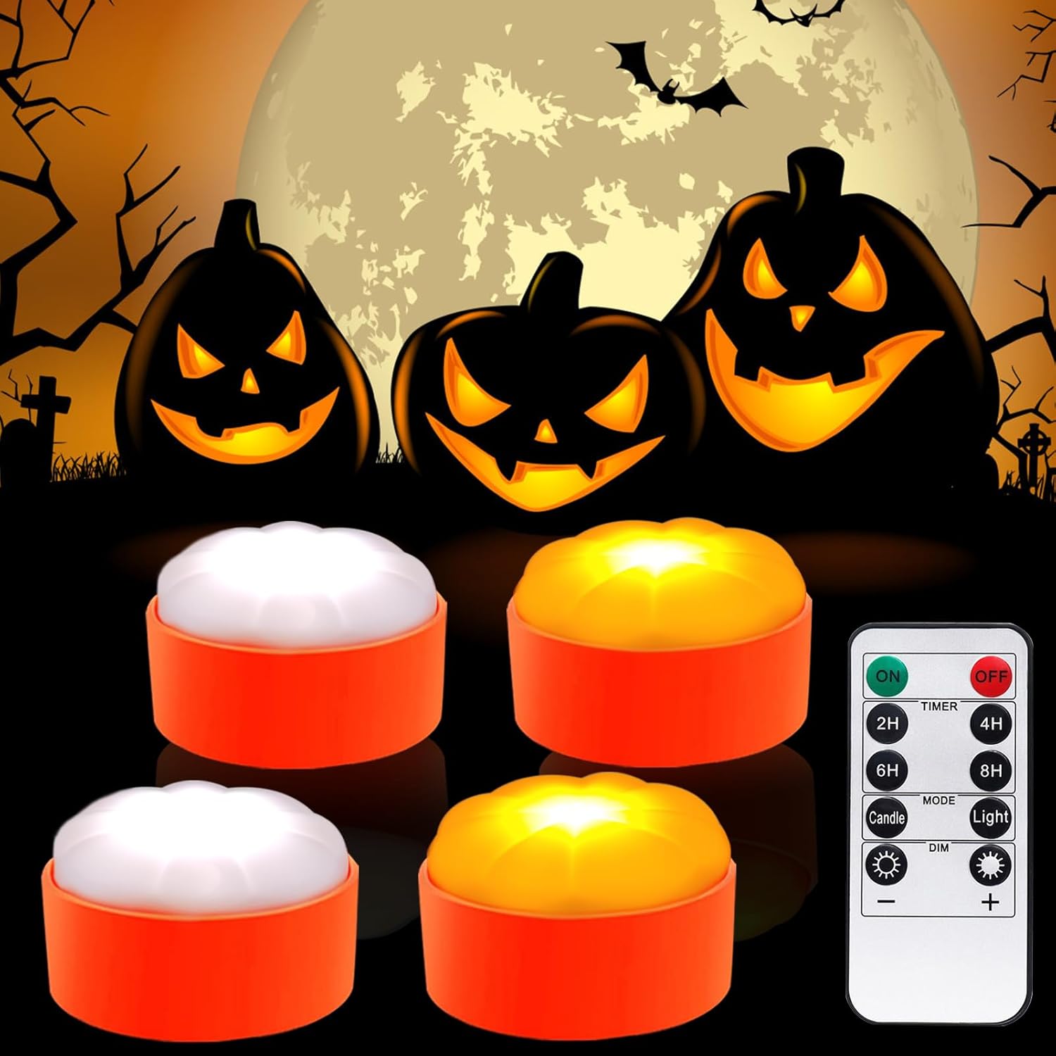 Luces de calabaza de Halloween, paquete de 4 luces LED de calabaza con control remoto y temporizador, funciona con pilas, luz de linterna para