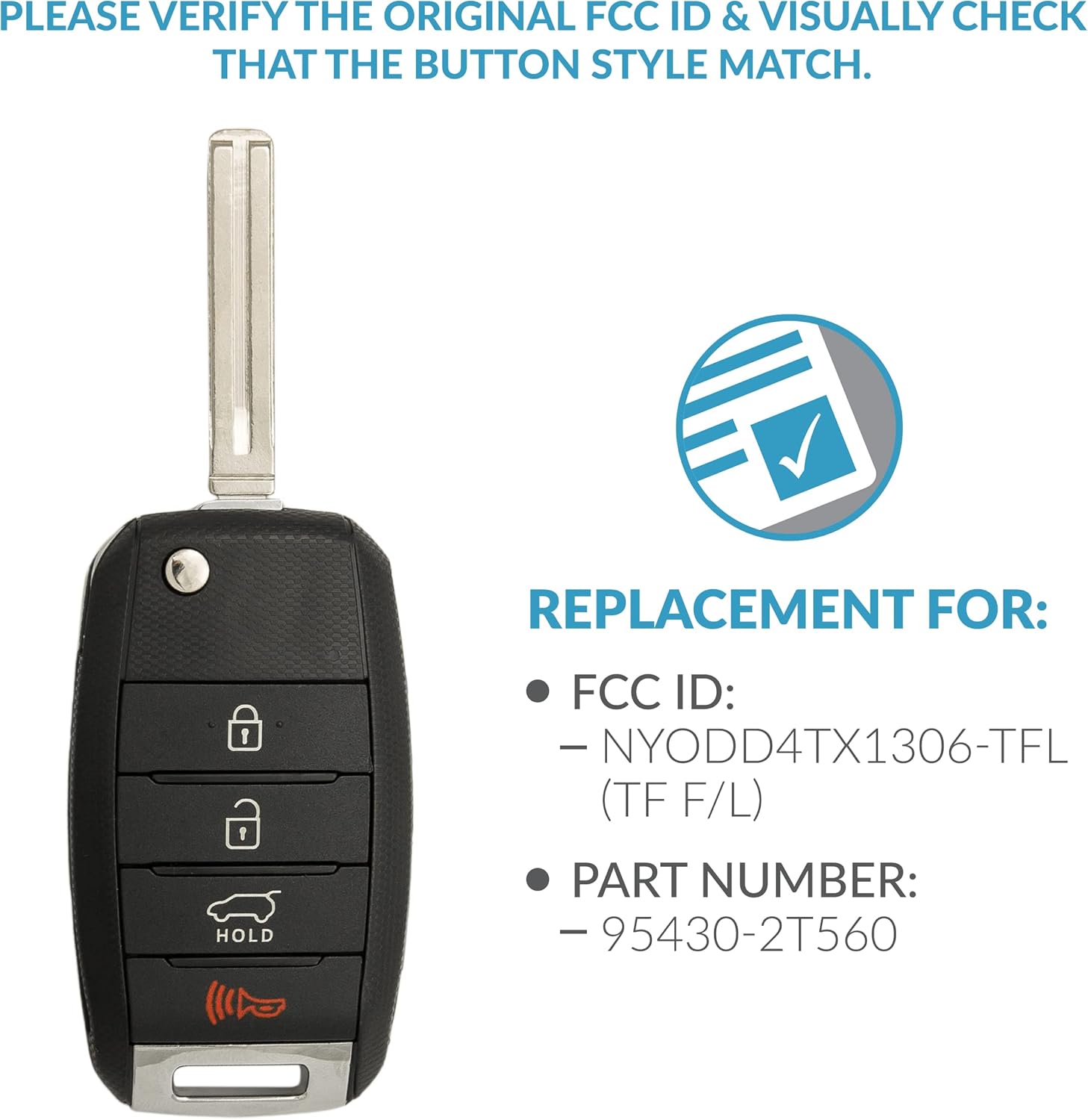 Keyless2Go Repuesto para llave remota de 4 botones Kia NYODD4TX1306-TFL (TF FL) 95430-2T560 (chip 4D60) – Paquete de 2