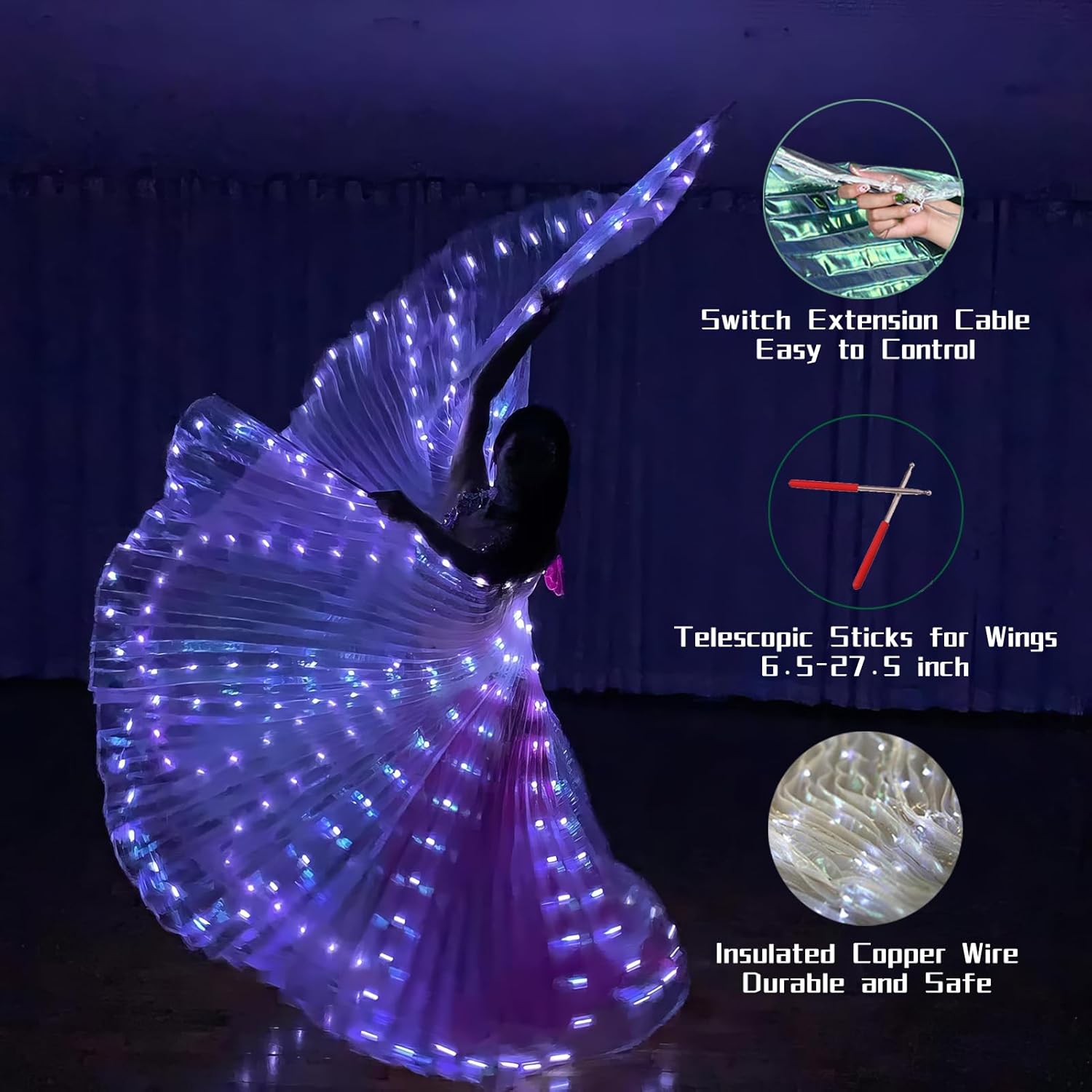 ZFBIRD Alas de mariposa LED de Halloween, alas de ángel iluminadas, capa de polilla LED con palos telescópicos para niños y adultos