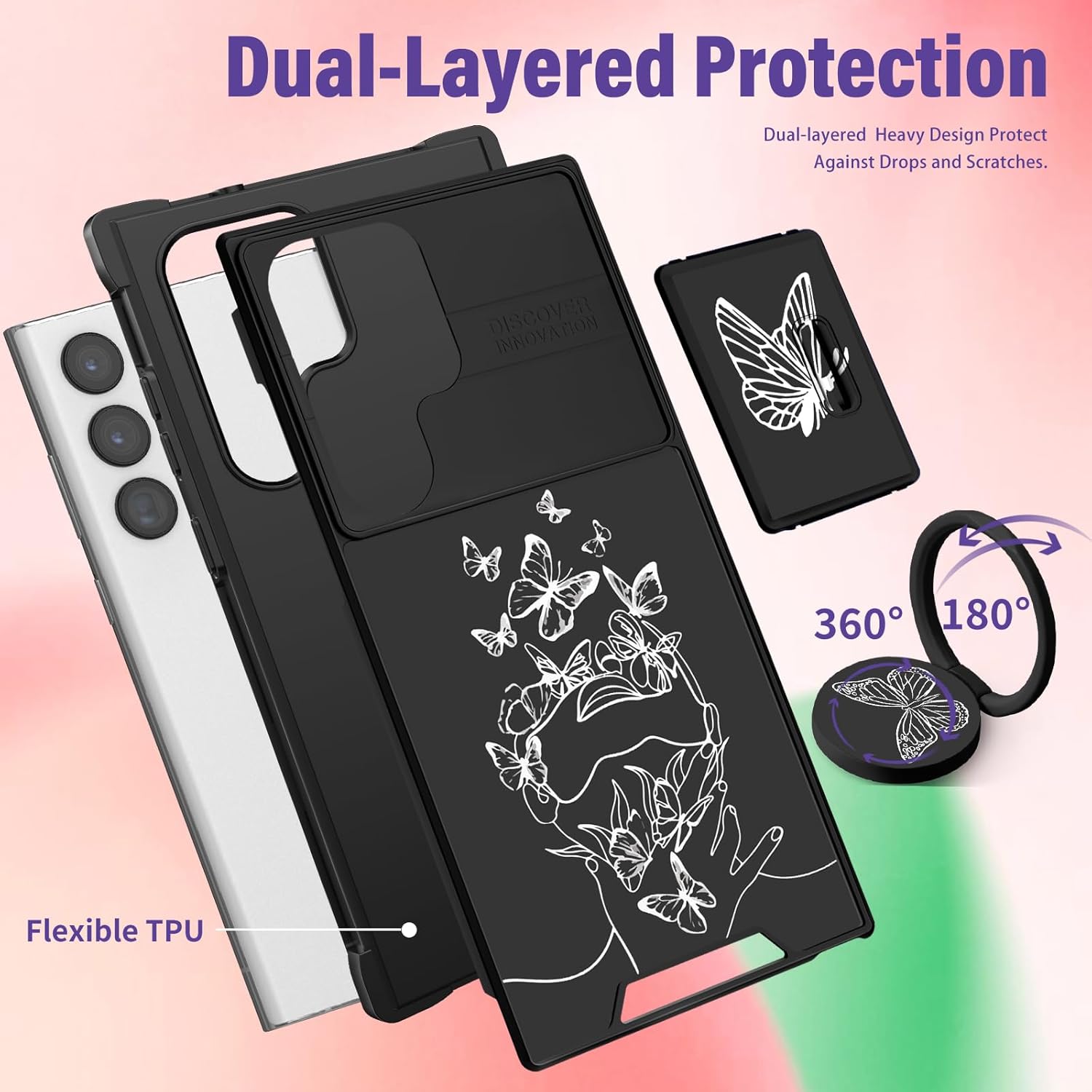 Funda 2 en 1 para Samsung Galaxy S22 Ultra para mujer, bonita funda de teléfono con diseño de mariposa blanca con funda para cámara y soporte de