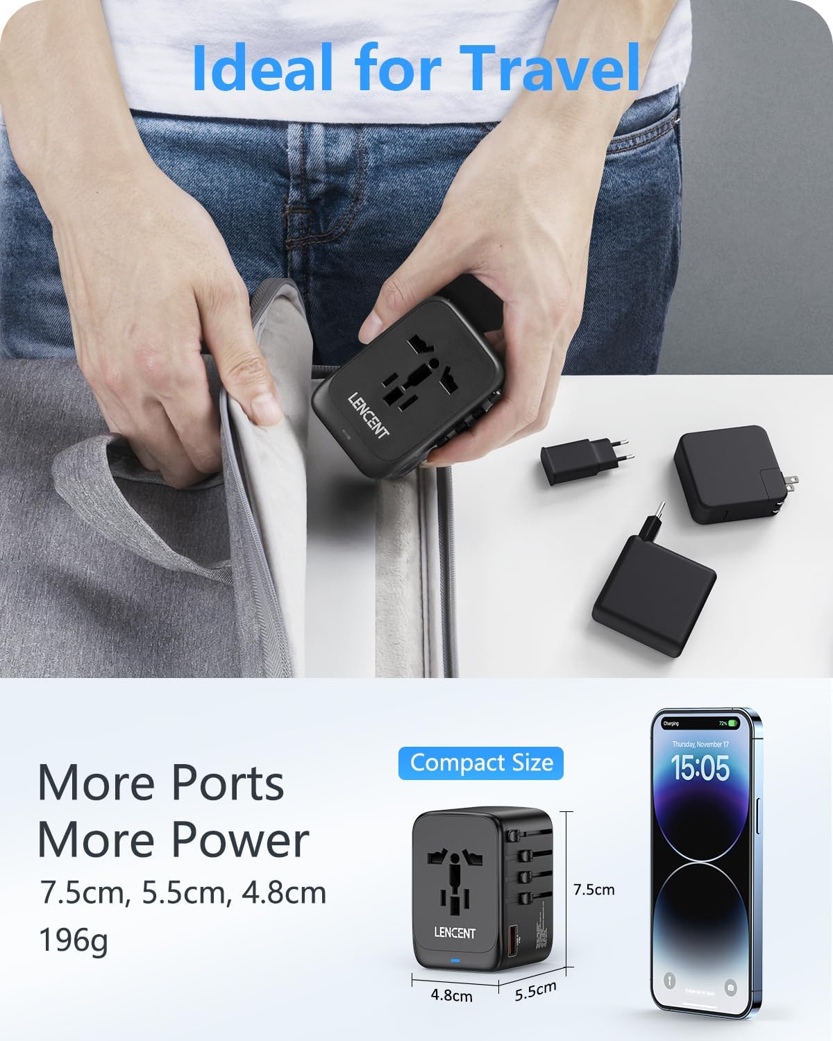 LENCENT Adaptador de viaje internacional, cargador de viaje universal GaN III de 65 W con 1 USB-A y 3 USB-C PD de carga rápida, adaptador de salida