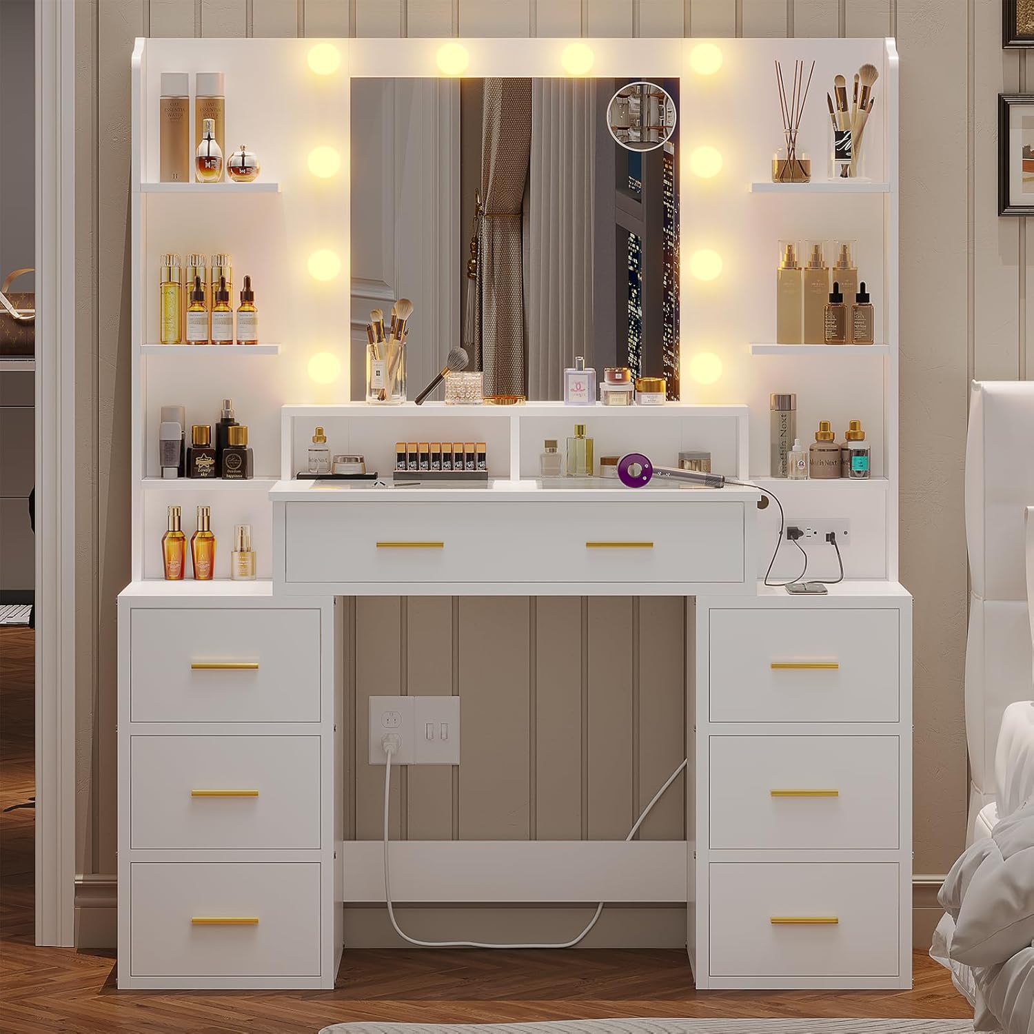 BTHFST Escritorio de tocador de cristal con espejo y luces, tocador de maquillaje con luces, estación de carga y espejo de aumento de 10x, mesa de