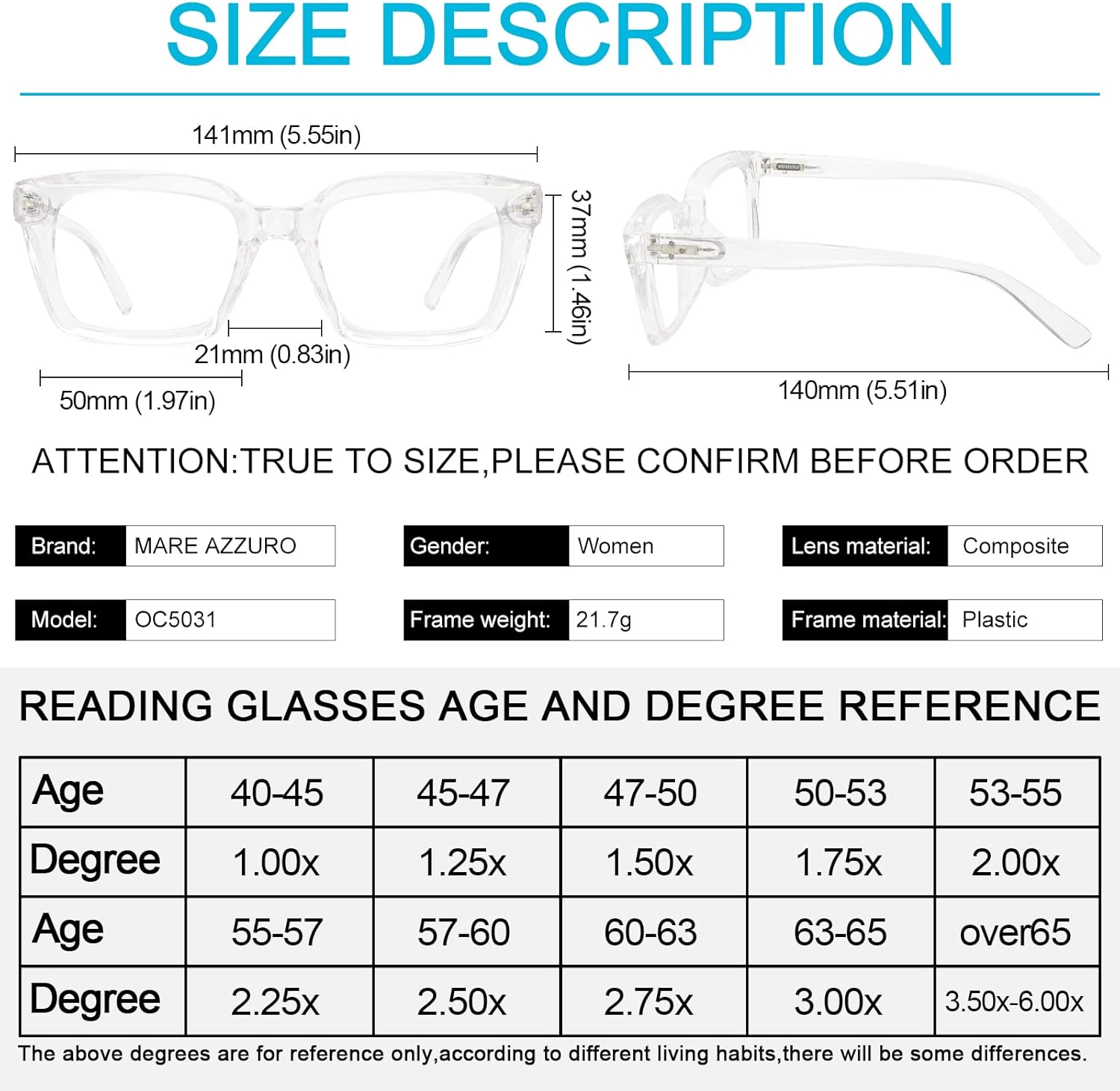 MARE AZZURO 2 pares de anteojos de lectura 2.00 para mujer, elegantes lectores de gran tamaño 100, 150, 200, 250, 300, 350 (transparente, 2.0)