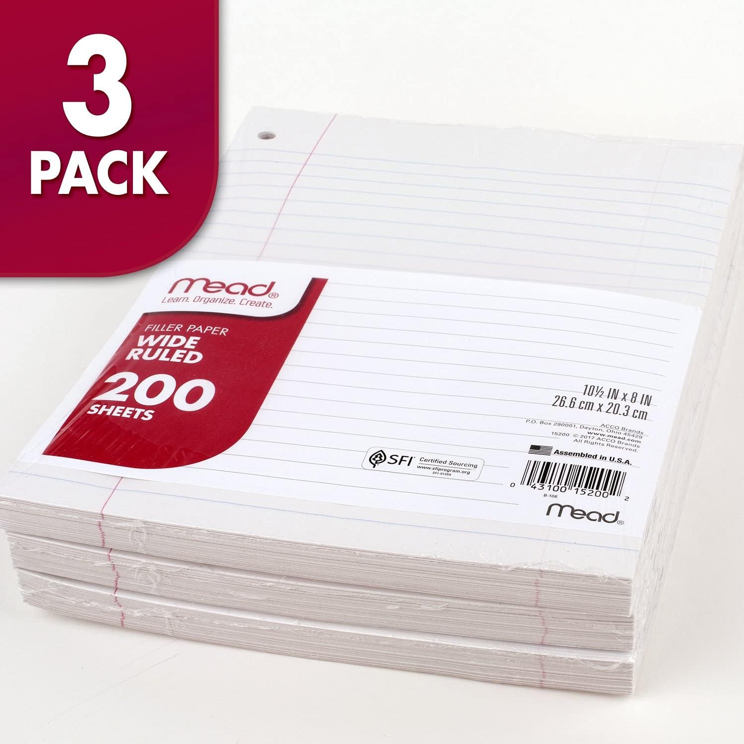 Mead Filler Paper, hojas de papel sueltas, rayado, 200 hojaspaquete (17208) 3 paquete de