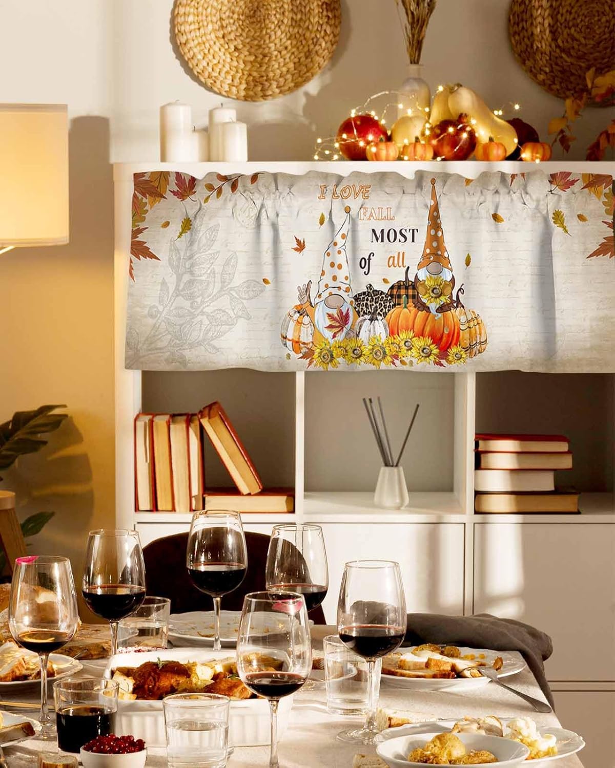 Cenefa de cortina de cocina de gnomo de otoño, cenefa de cortina de calabaza de Acción de Gracias, bolsillo para barra, 1 panel de cenefas pequeñas