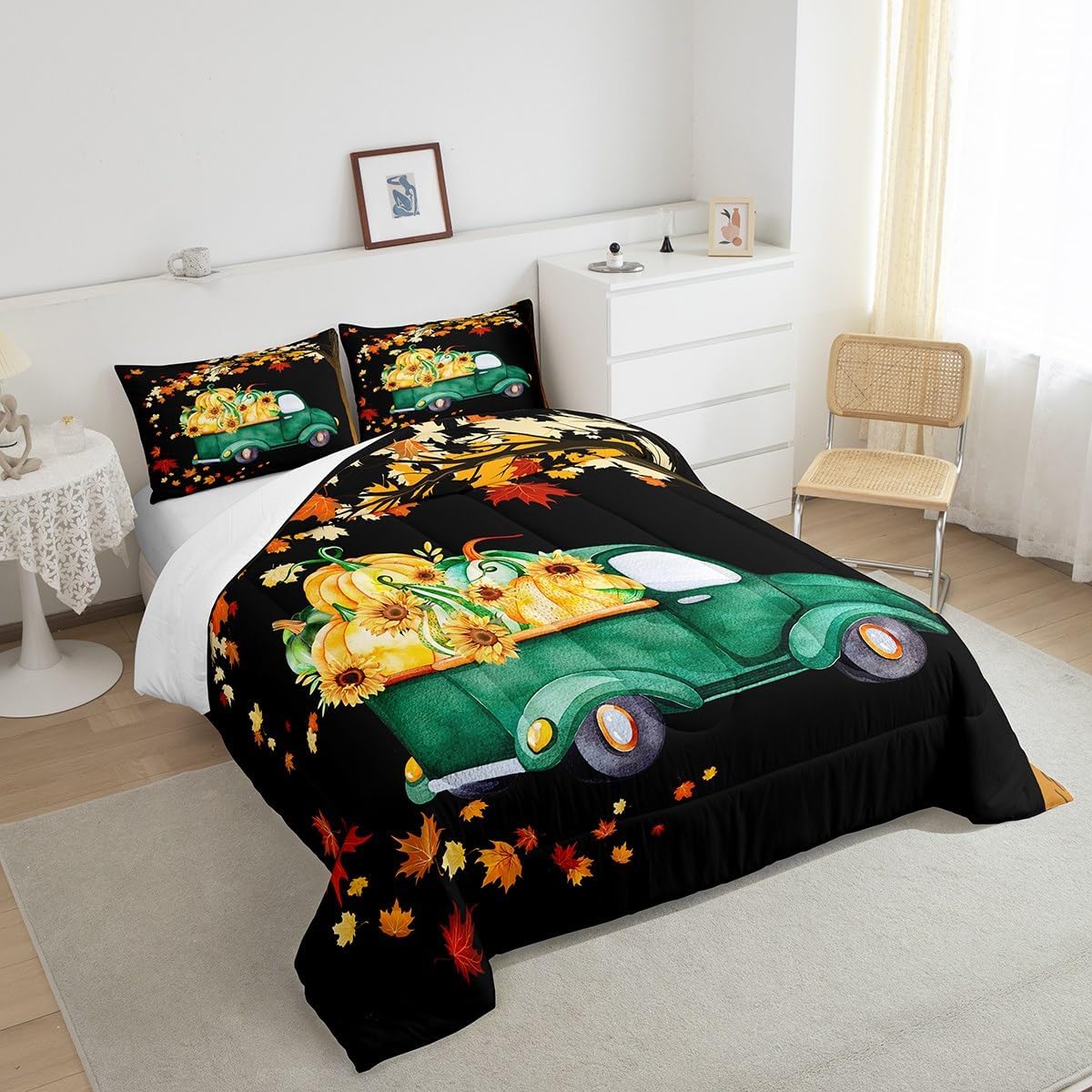 CYJS11386ZMD-BZ_USk – Juego de edredón de otoño con diseño de calabaza, camión, automóvil, hojas de arce, cosecha de otoño, rústico, para niños,