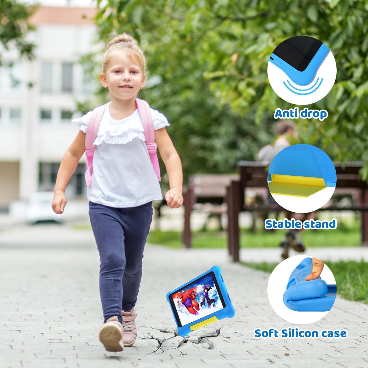 Tablet infantil de 7 pulgadas para niños Android 12 con funda, WiFi, Bluetooth, modo de control parental, cámara dual, protección ocular, tableta de