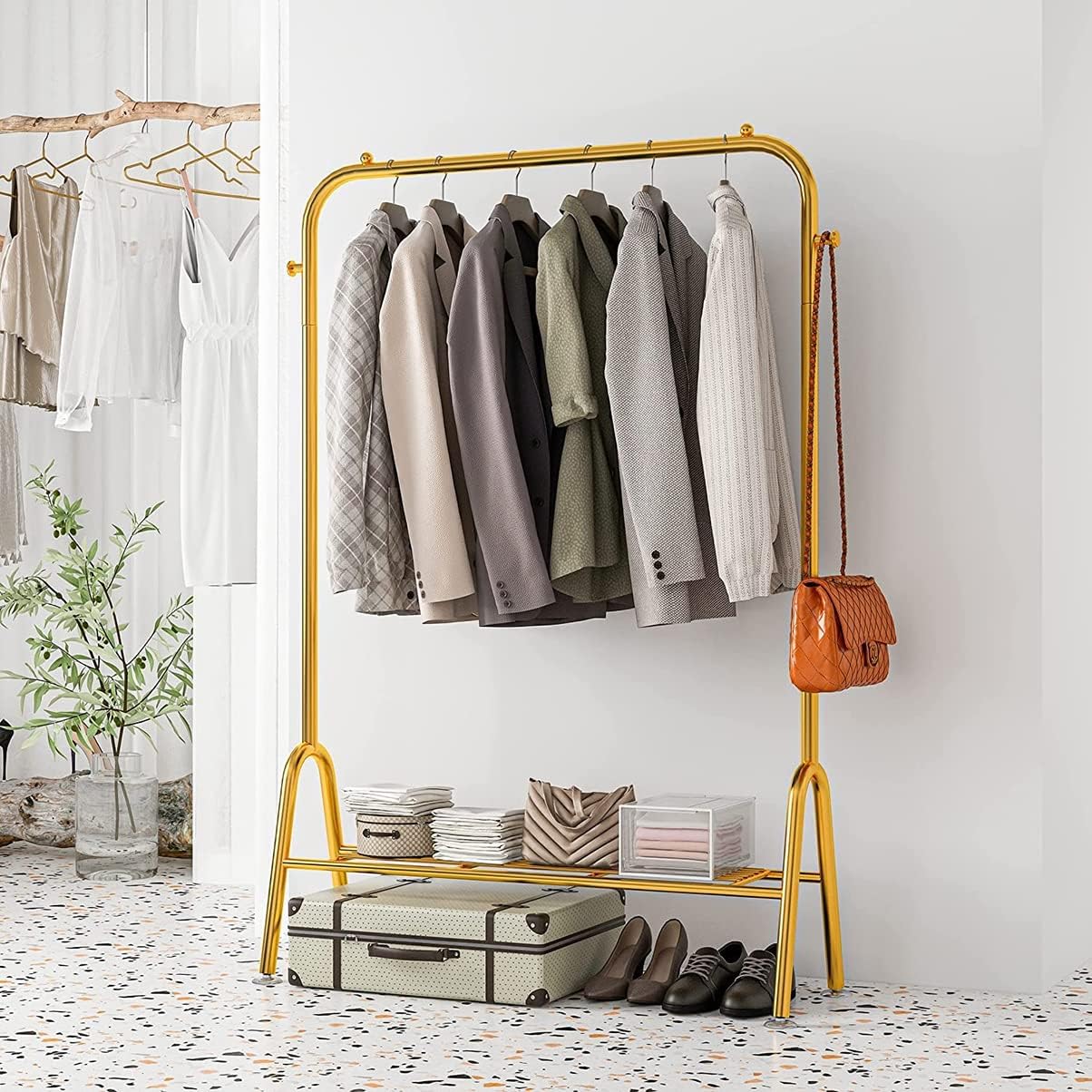 Perchero dorado para ropa de metal con estantes, perchero con estantes para zapatos, ganchos para sombreros, organizador de guardarropa para