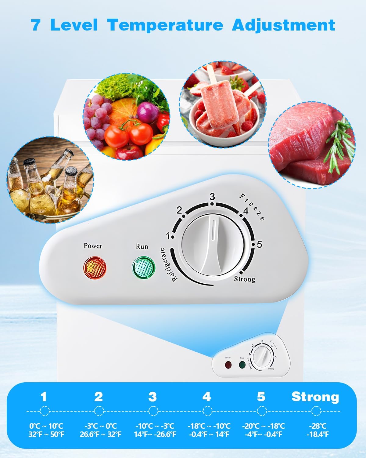 Congelador de pecho de 3.5 pies cúbicos con una cesta extraíble, 7 engranajes, control de temperatura ajustable (-18F a -46F), congelador compacto