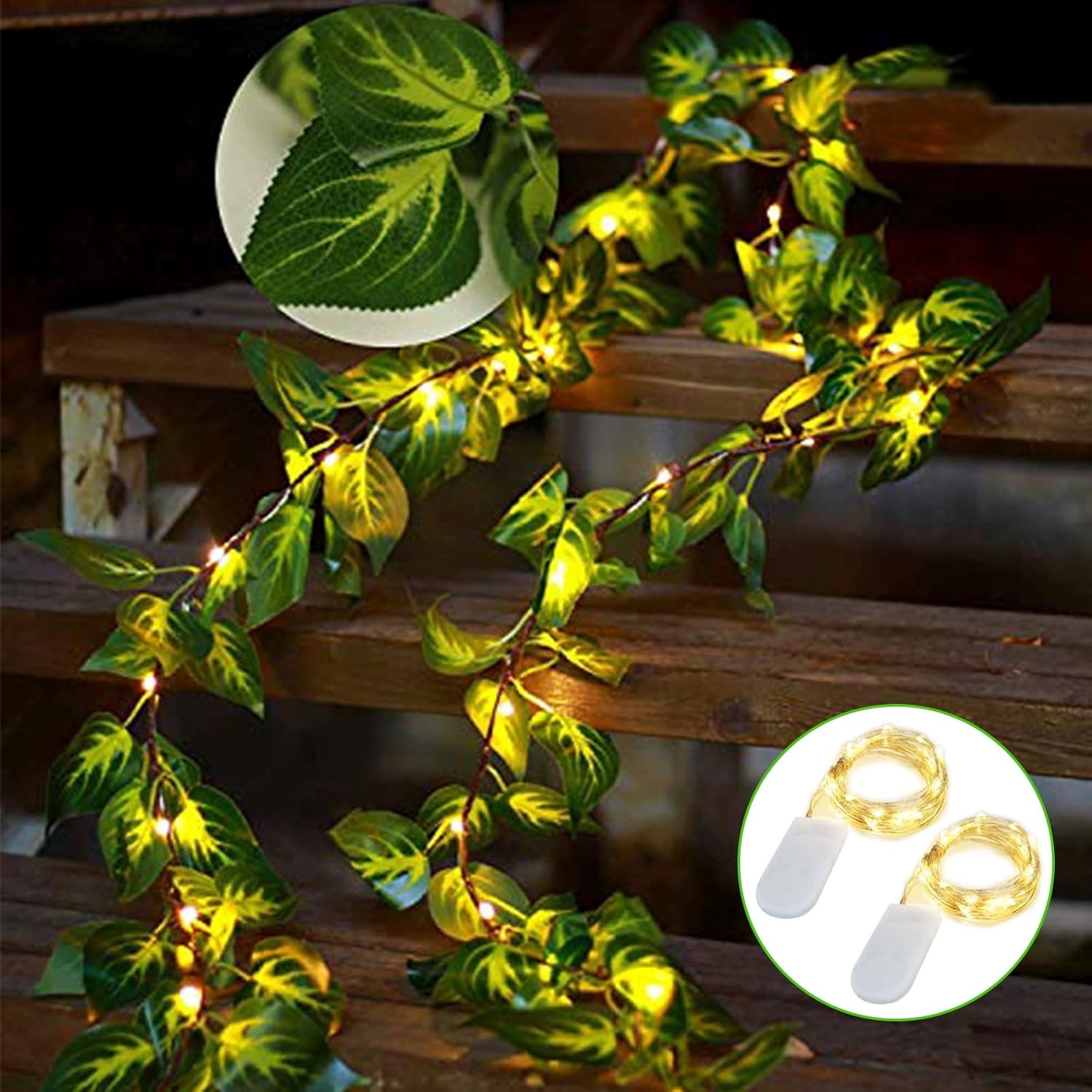 YJFWAL Guirnalda de luces artificiales de hojas de hiedra verde  6.5 pies, 1 guirnalda de luces de vid con 2 tiras de 30 luces LED, funciona con