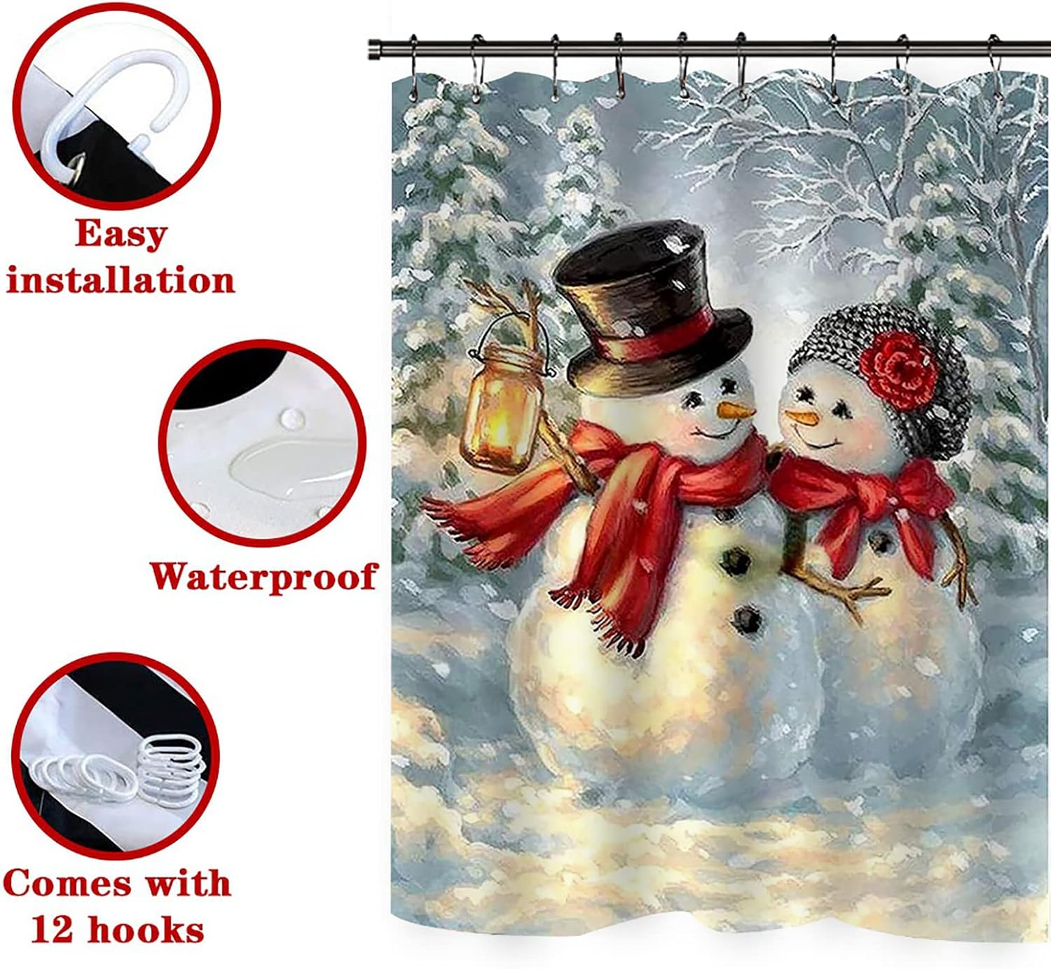 Juego de cortina de ducha de Navidad para decoración de baño, tela impermeable, lindo muñeco de nieve con temática de Papá Noel, cortinas de bañera
