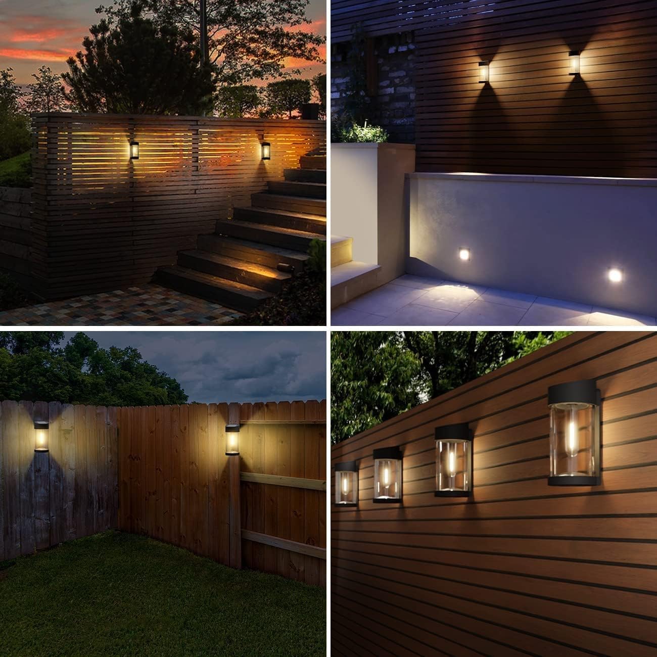 Woolmug Paquete de 4 luces solares para valla al aire libre, luces solares de pared de vidrio de metal, luces solares de cubierta, luces solares