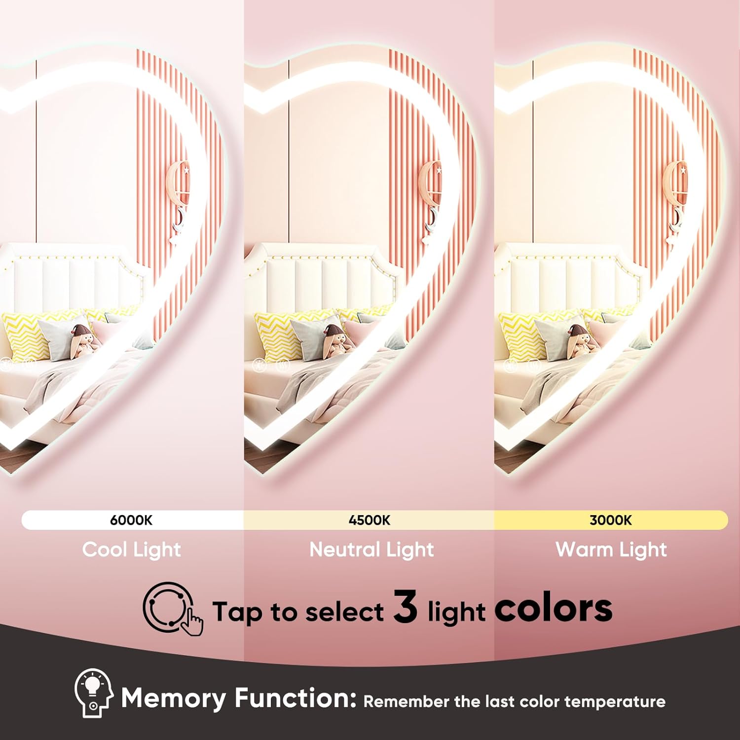 BesMirror Espejo de baño LED con luces en forma de corazón de 28 x 28 pulgadas, antiempañamiento frontal iluminado en la pared, espejo de tocador