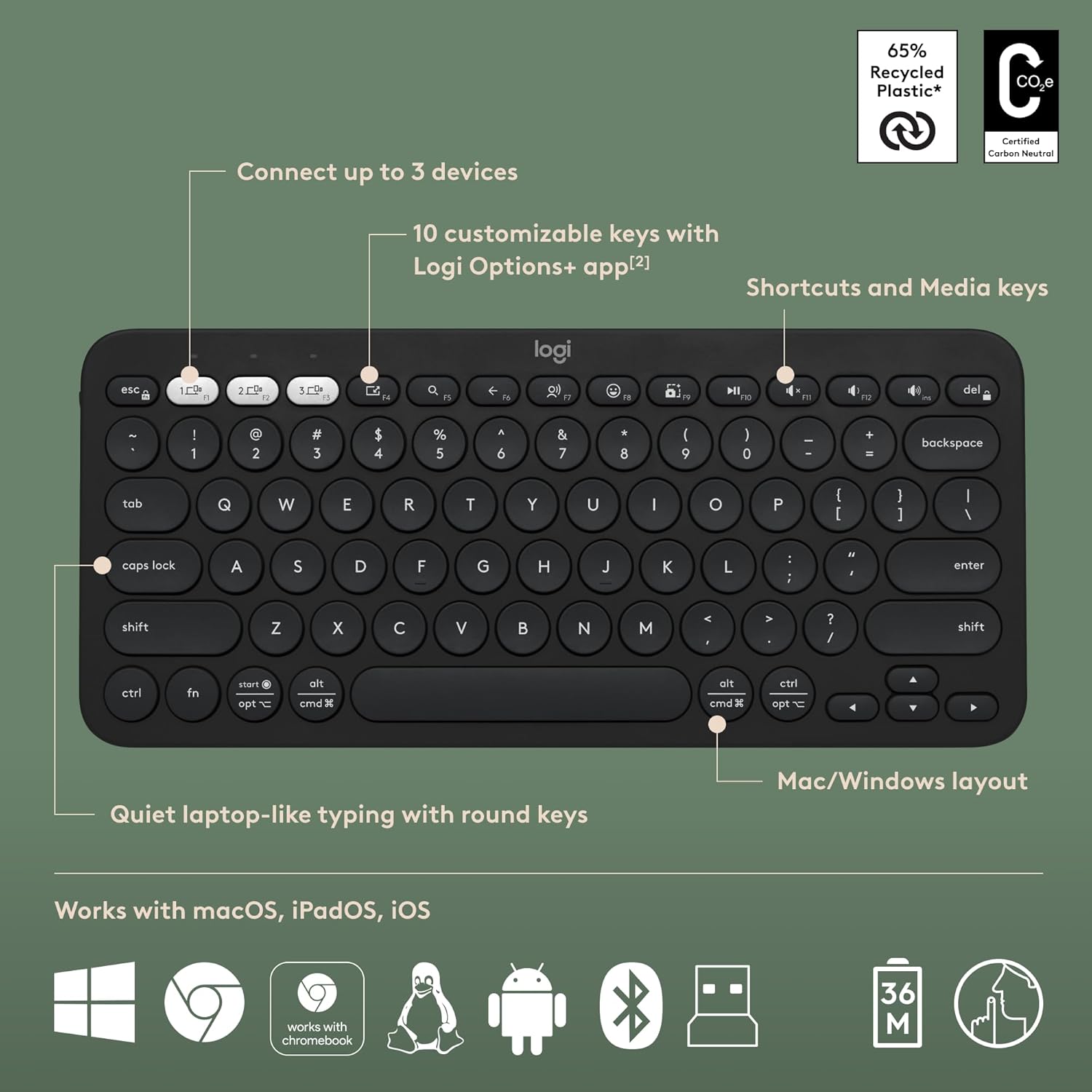 Logitech Pebble 2 Combo, teclado y mouse inalámbricos, silencioso y portátil, personalizable, perno logi, Bluetooth, fácil de cambiar para Windows,