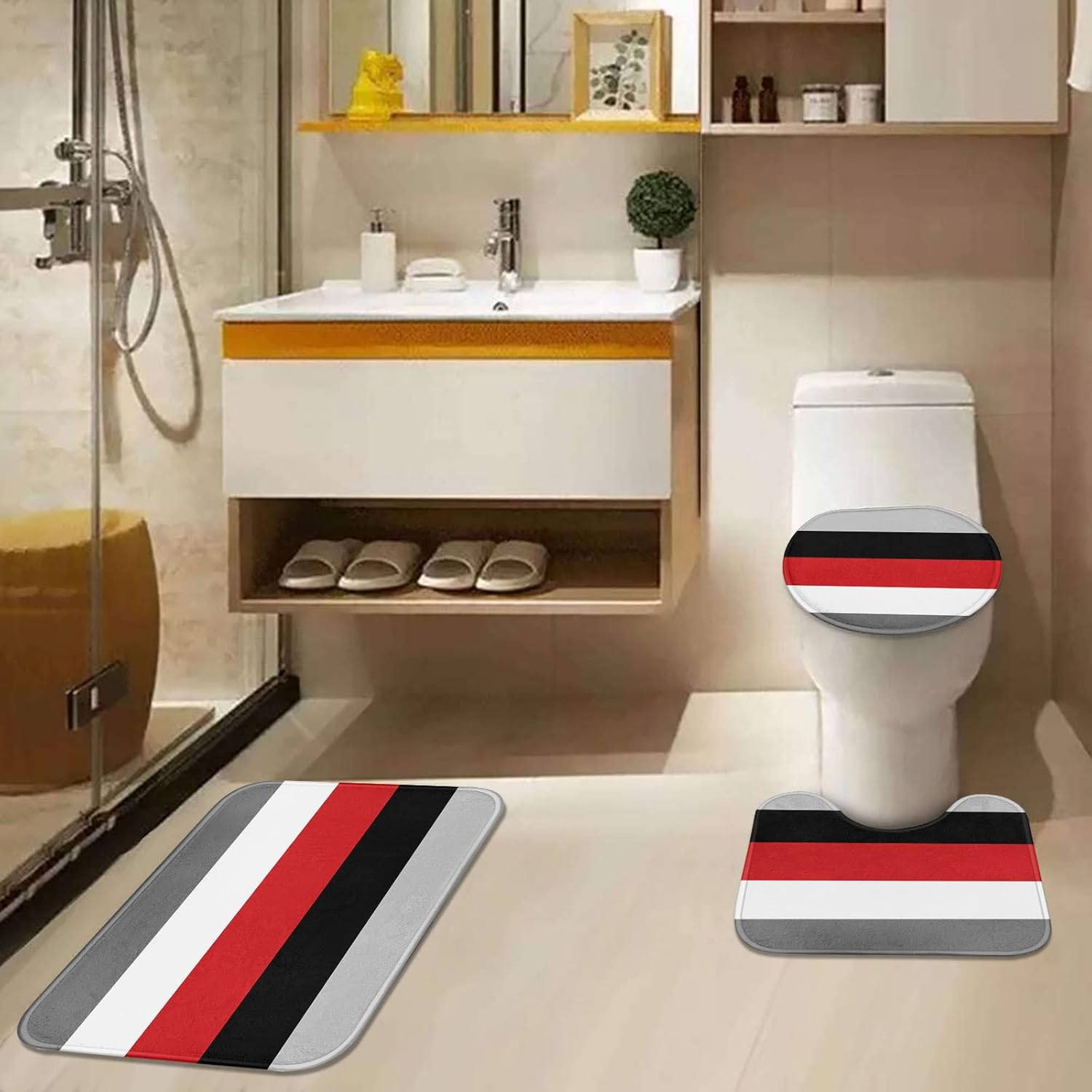 ArtSocket Juego de baño geométrico rojo con cortina de ducha y accesorios de alfombras, cortina de ducha moderna a rayas rojas, grises, negras y