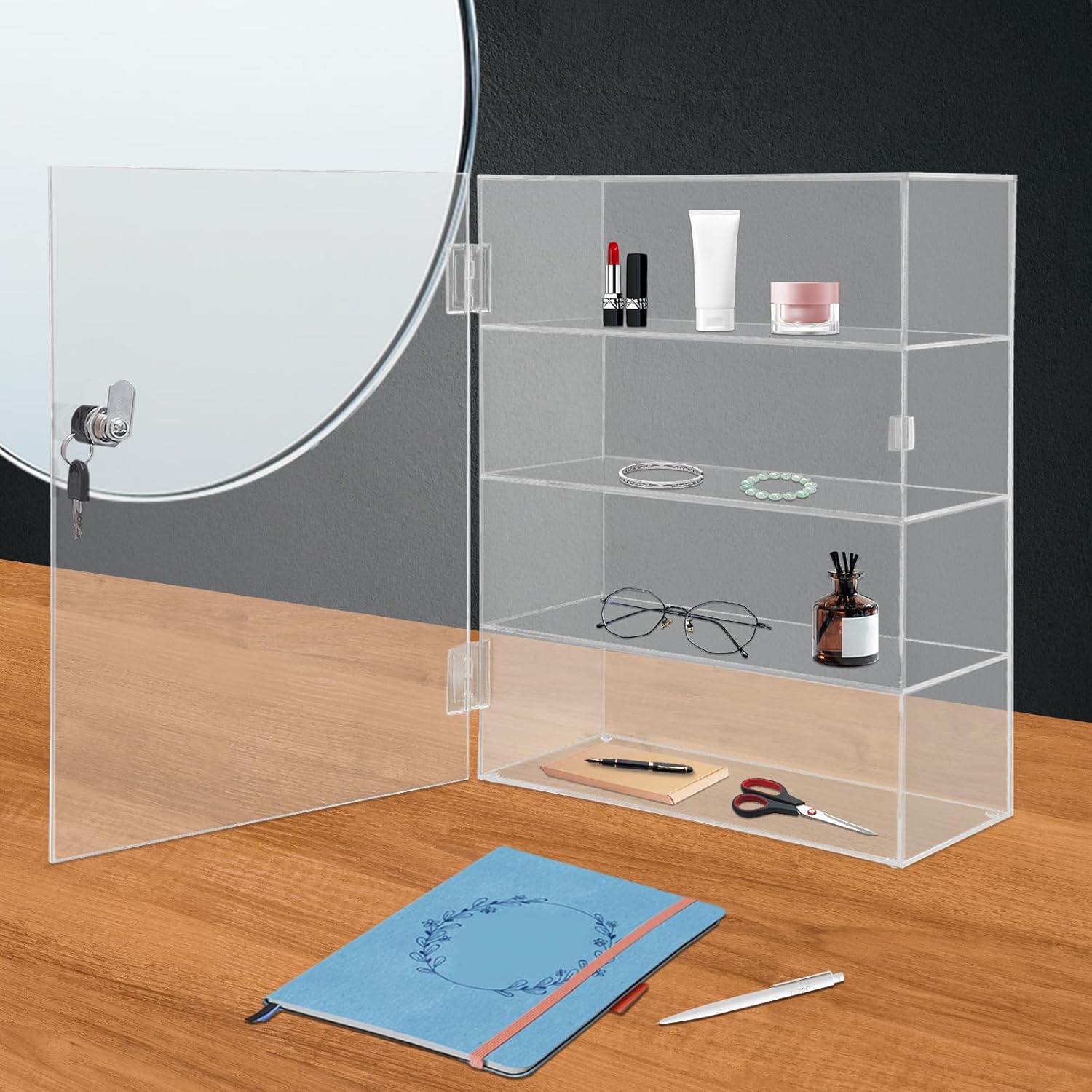 Vitrina de acrílico transparente de 4 capas con cerradura, figura de joyería de acrílico cuboide, vitrina, caja organizadora de encimera, soporte a