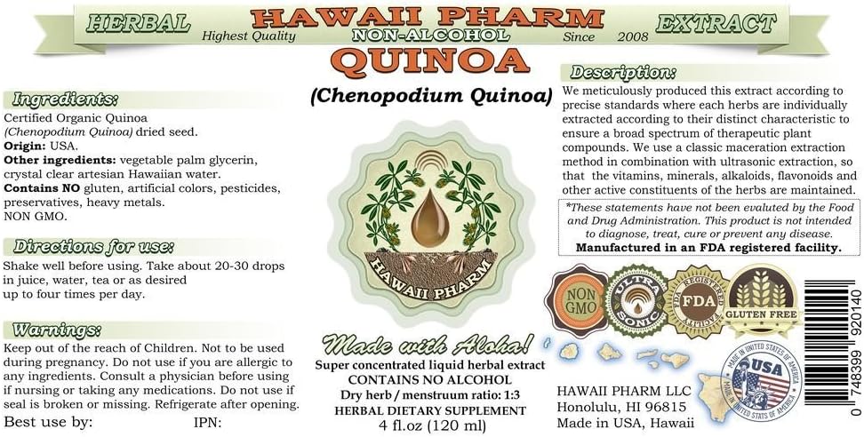 Extracto líquido sin alcohol de quinua, quinua (quinoa chenopodio), suplemento herbario natural de glicerita de semillas secas, Hawaii Pharm, EE.