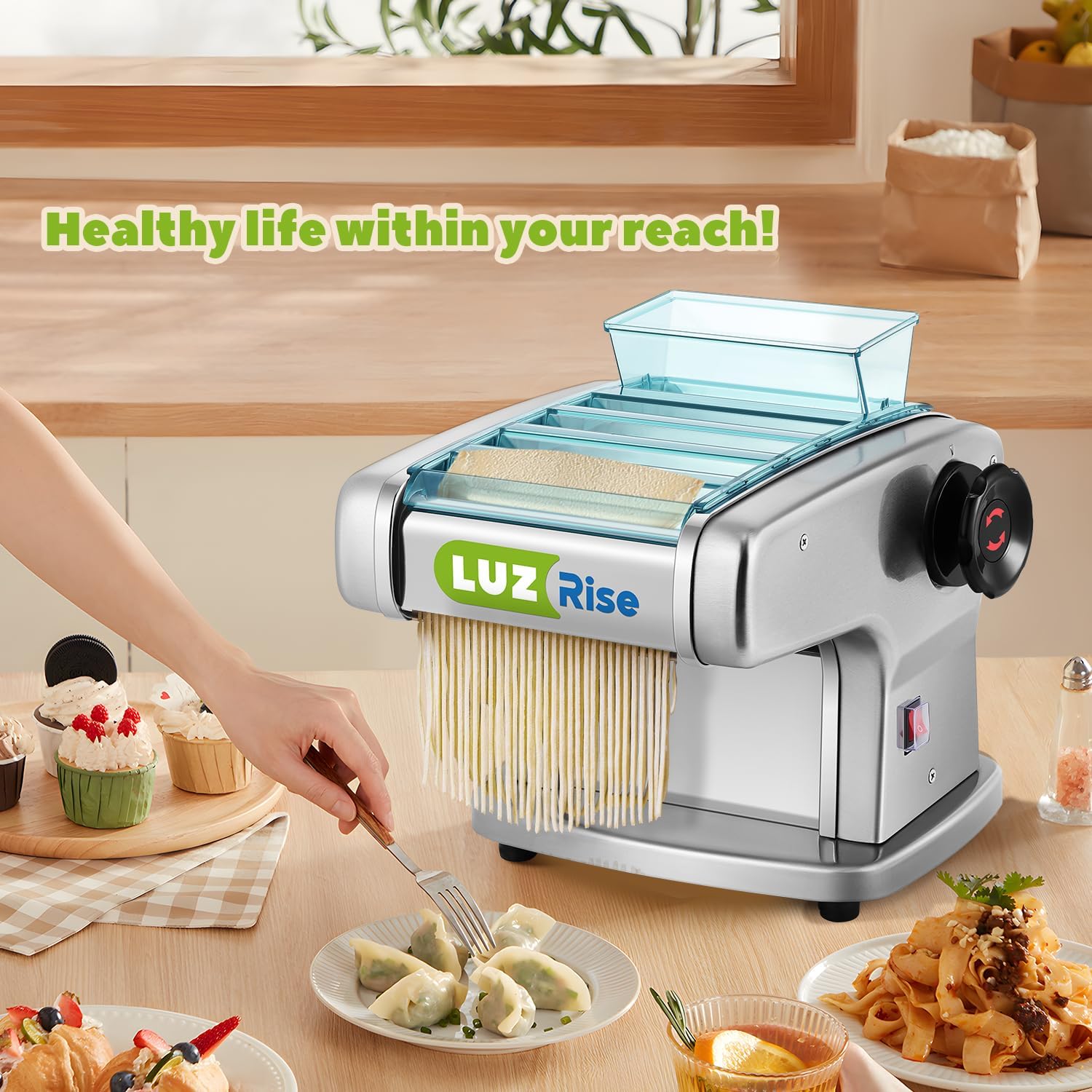 Máquina automática para hacer pasta eléctrica, rodillo de masa de pasta fresca, acero inoxidable (4 cuchillas para fideos planos de 0.079 in, 0.098