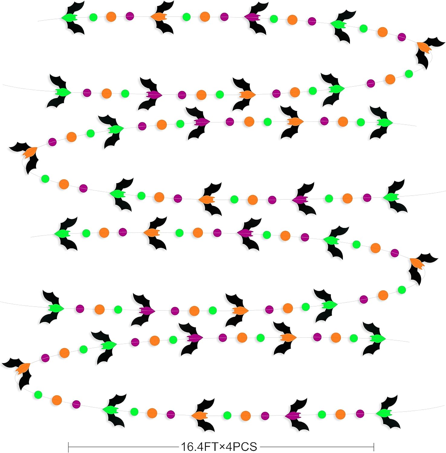 Guirnalda de murciélagos de Halloween de 65 pies, color naranja, morado, negro, verde, neón, banderines, banderines, serpentinas, círculos de luz