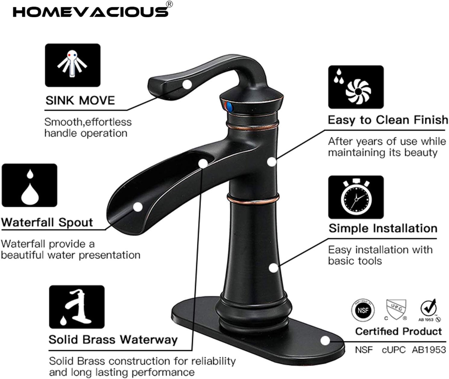 Homevacious Grifo de baño de bronce aceitado cascada fregadero de una sola manija mezclador con montaje de drenaje emergente