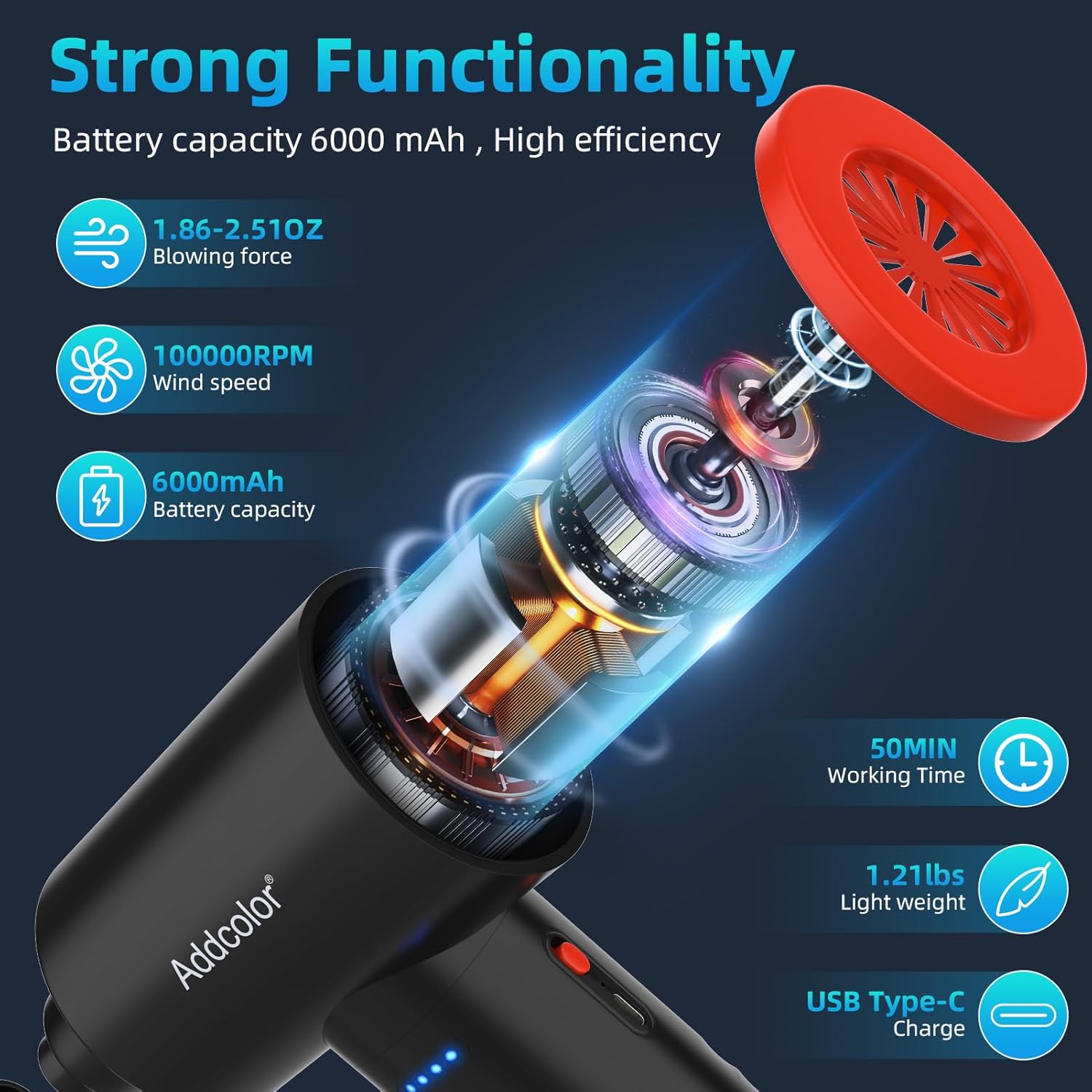 Plumero de aire comprimido con batería de 6000 mAh, limpiador de teclado eléctrico ADDCOLOR AD-38 para oficina, 3 velocidades de viento ajustables