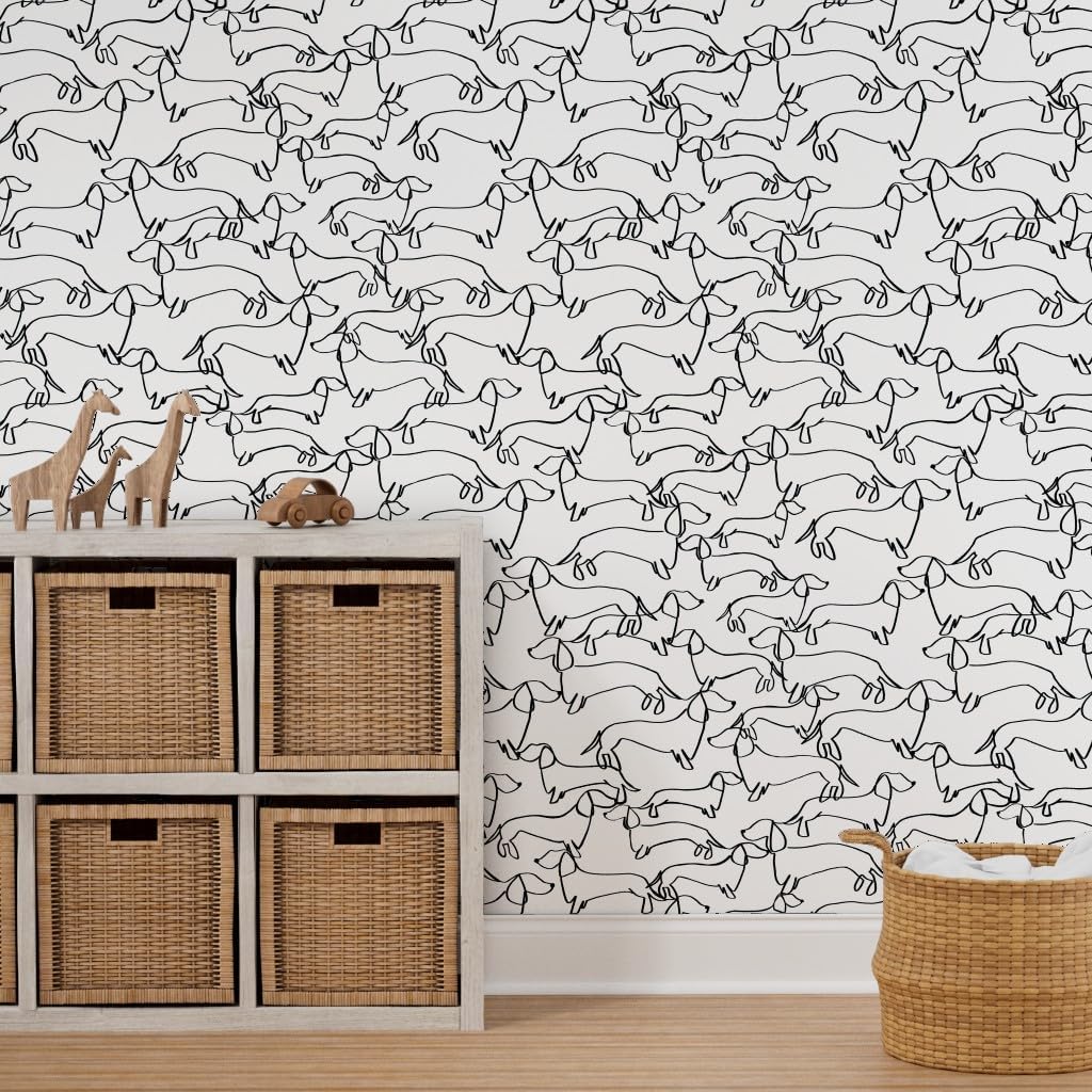 Spoonflower Papel tapiz para despegar y pegar, diseño de líneas blancas y negras de perro salchicha Weiner Dogs Papel pintado extraíble personalizado