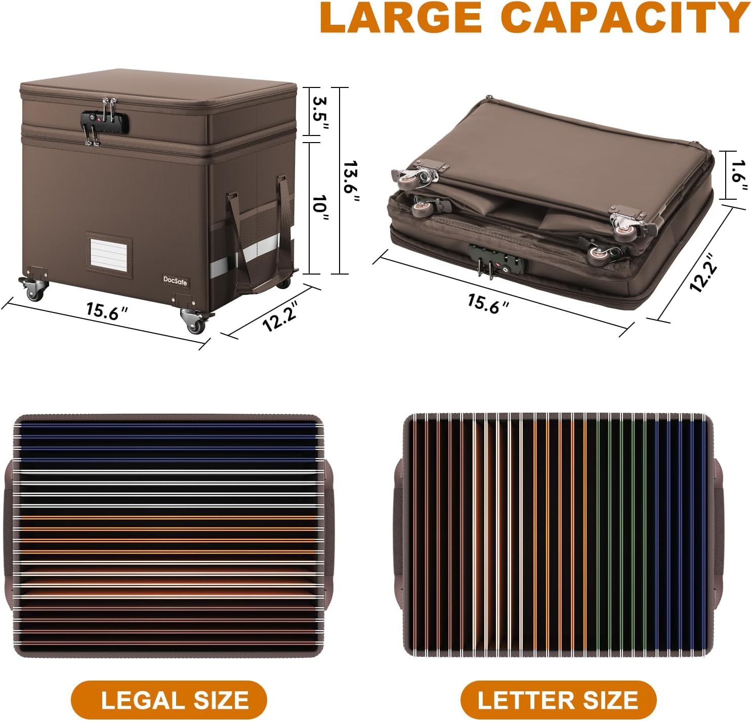DocSafe Caja de archivos con cerradura, caja de documentos ignífuga de 2 capas con ruedas, organizador de almacenamiento de archivos plegable con