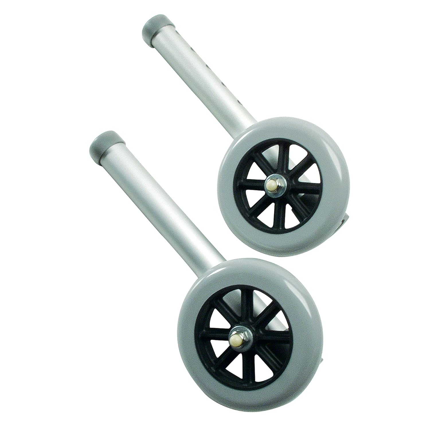 Lumex 603450A – Ruedas de parada automática de 5 pulgadas de diámetro, accesorios médicos para caminantes, color plateado, paquete de 2