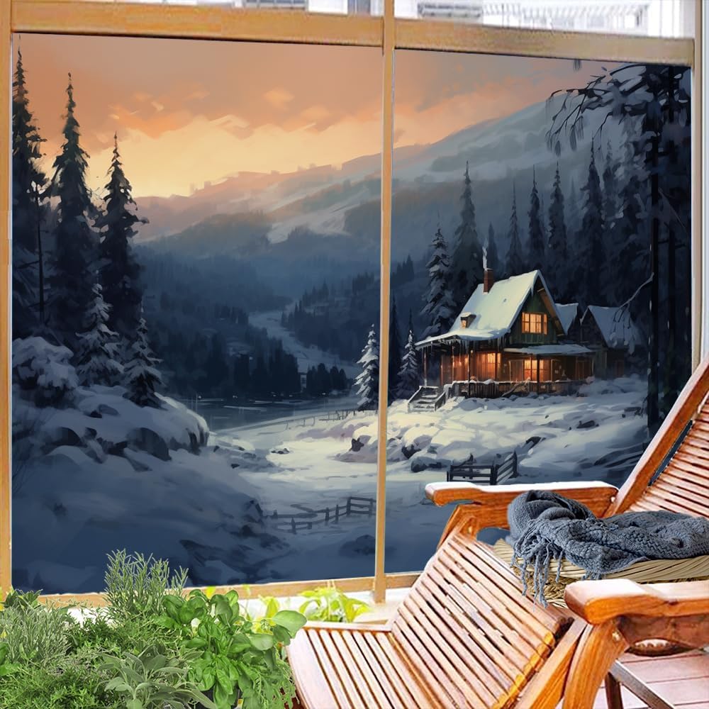 Snow Mountain Chalet – Película para ventana, estilo vintage, bosque brillante, granja, película de privacidad para ventana, cubierta de puerta,