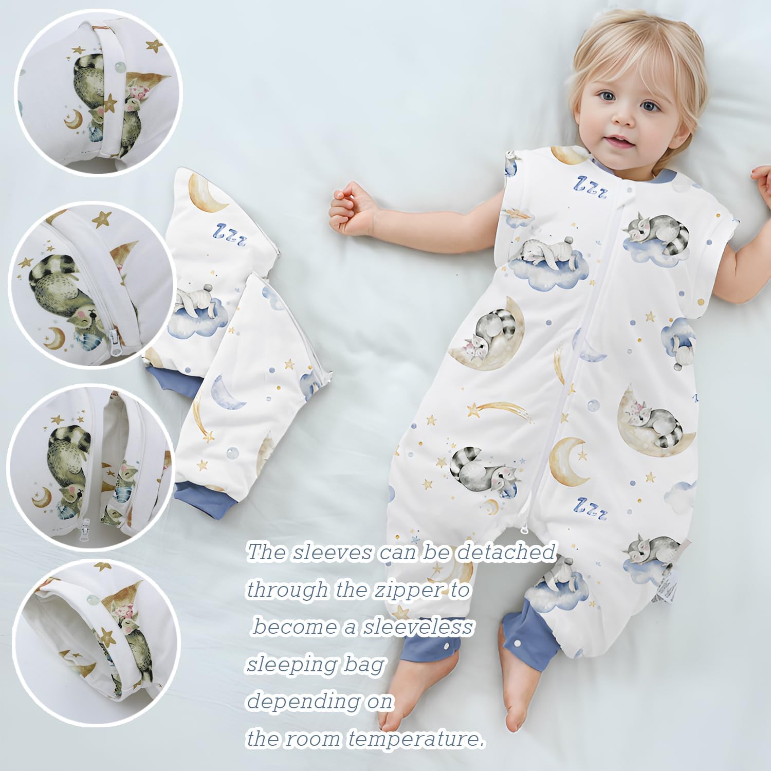 Saco de dormir para bebé con piernas, manta 100% algodón con pies, saco de dormir desmontable de manga larga con cremallera de 2 vías y botones,