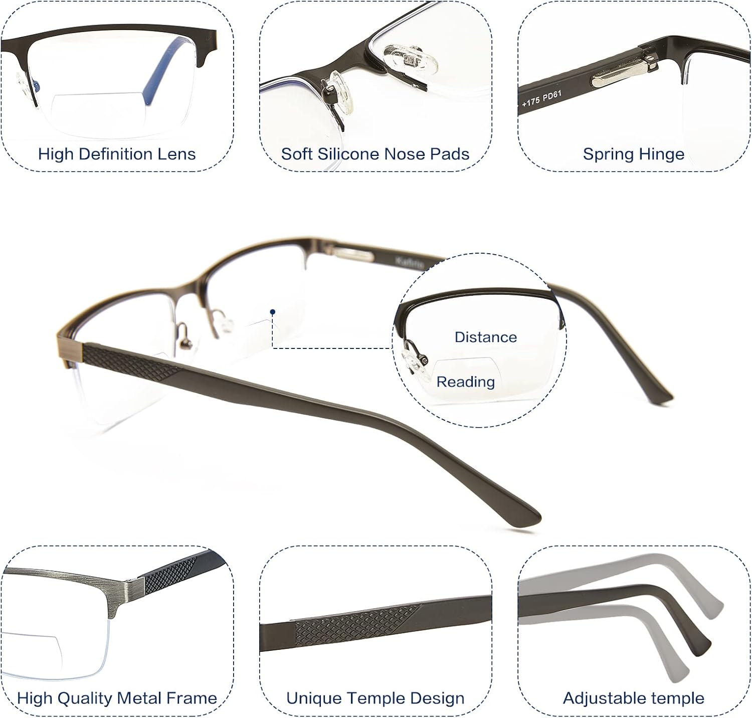 Gafas de lectura bifocales sin línea progresivas multienfoque hombres lector multifocal luz azul computadora marco de metal gafas
