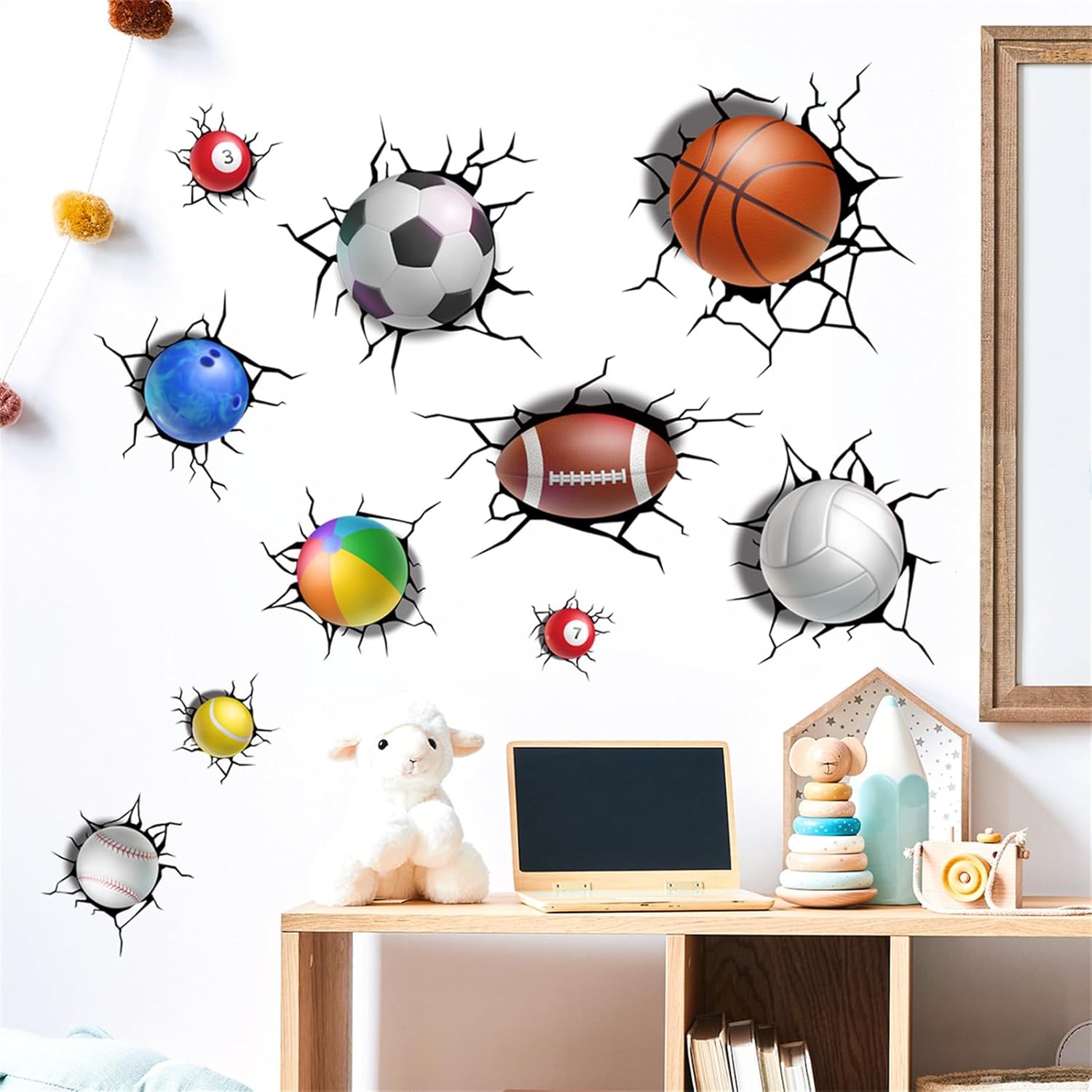 Pelotas deportivas 3D, calcomanías de pared para romper a través de la pared, calcomanías de pared extraíbles, despegar y pegar, baloncesto, rugby,