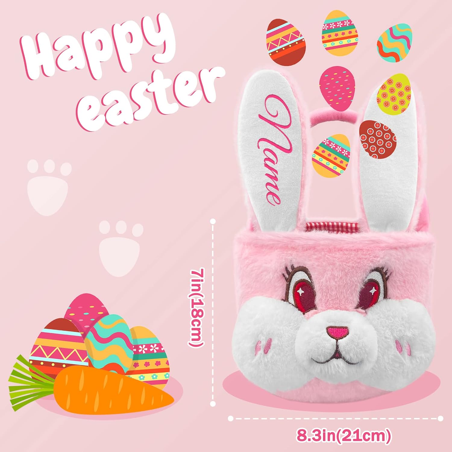 Bolsa de conejo de Pascua personalizada con diseño de conejo de felpa para niños con bordado de nombre personalizado, oreja larga para niños y