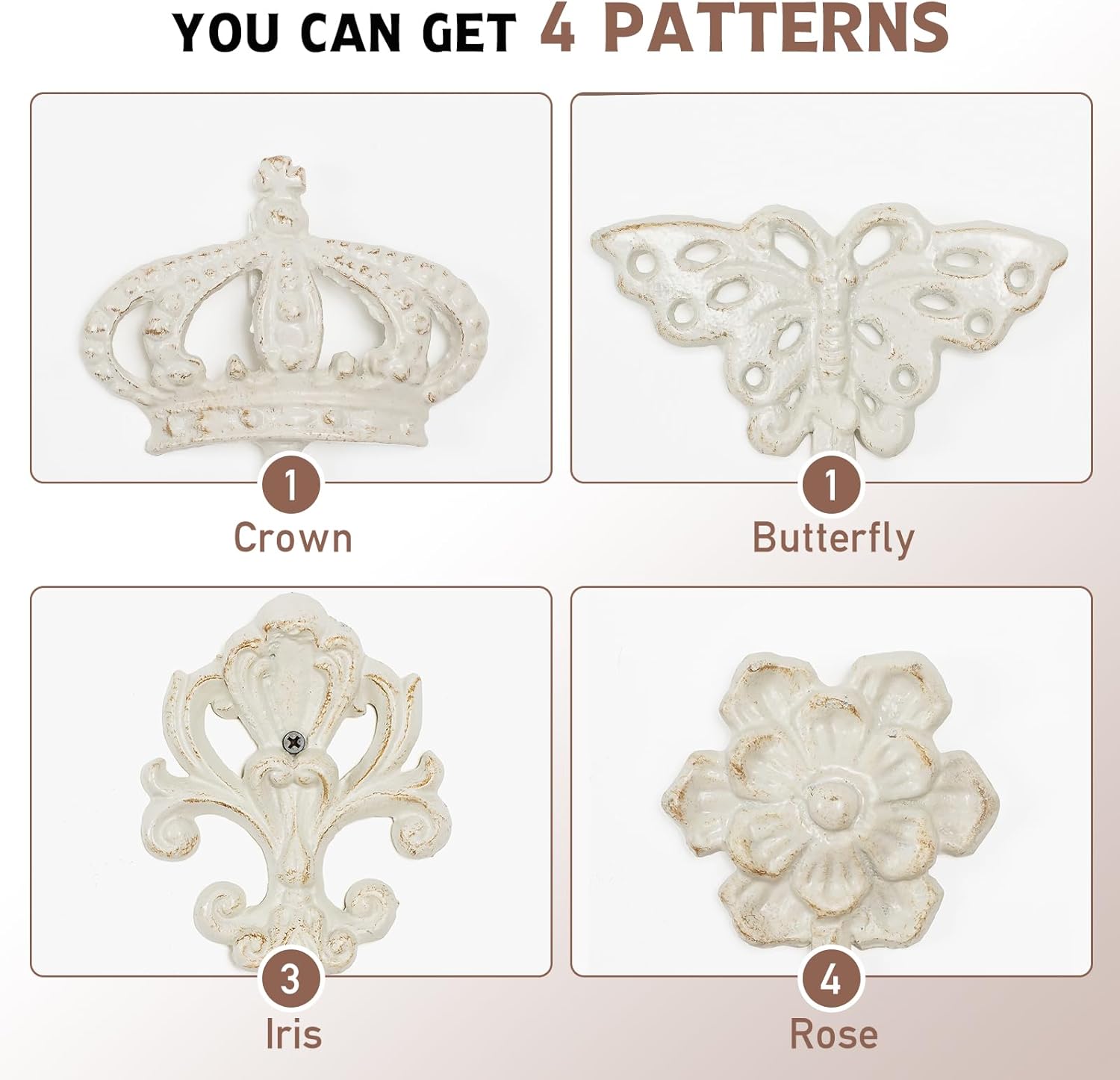 4 ganchos decorativos de pared vintage, gancho rústico de hierro fundido montado en la pared, ganchos decorativos resistentes para jardín al aire
